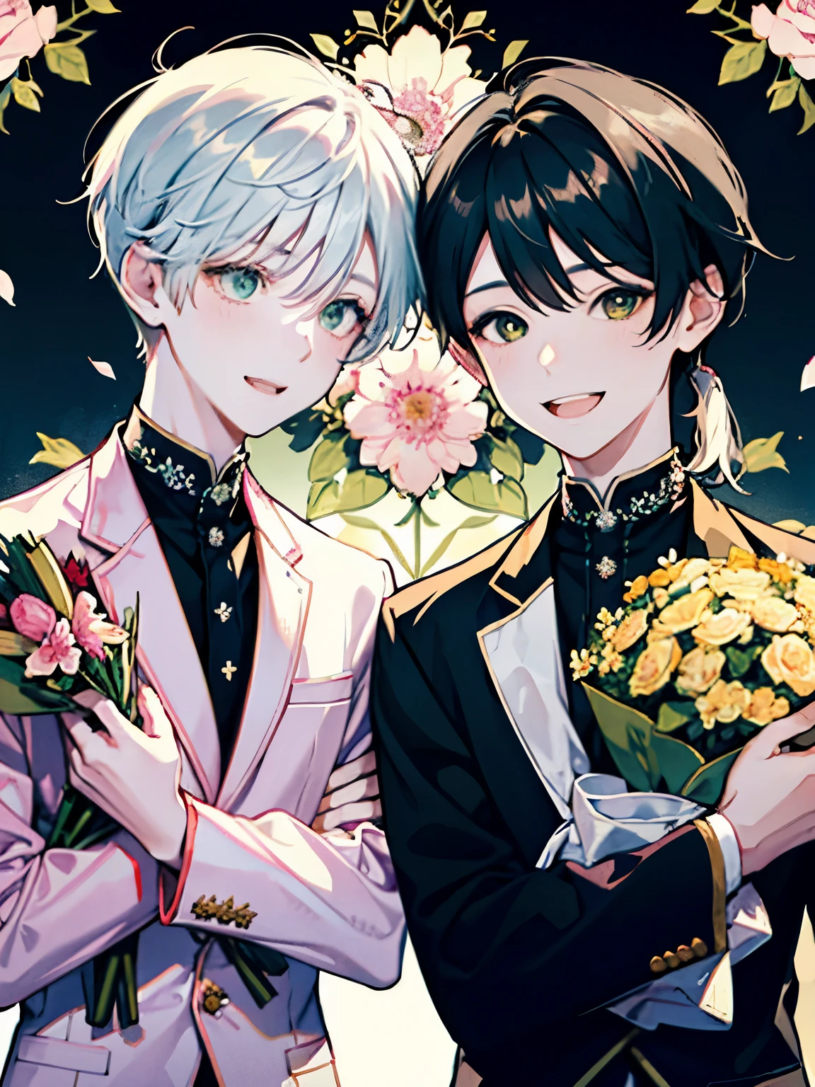 ((Two Boys)),Flower Pattern Background,(Holding a bouquet),(celebration),smile,looks fun,Black Hair,(Long side ponytail:1.3),Pink, white, yellow and light green,Close-up of face