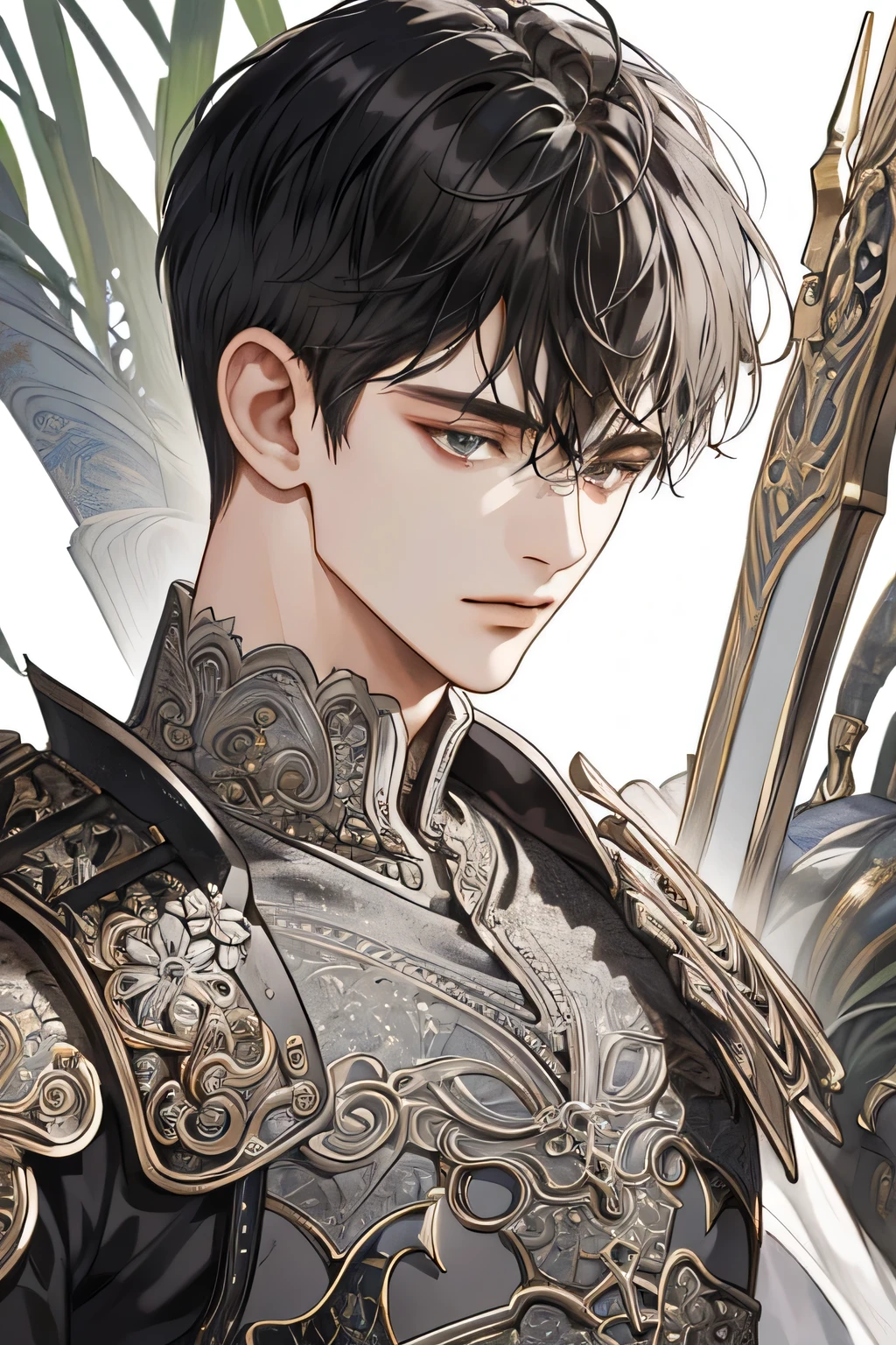 (extreamly delicate and beautiful:1.2), 8K,(masterpiece:1.0),(best_quality:1.0), 1boy, and intricate detailing, Enlarged textures, and intricate detailing, finely eye and detailed face, and intricate detailing, shiraga, black short hair, (closed mouths), Perfect eyes, Equal eyes, oranye eyes (A male god) with body armor