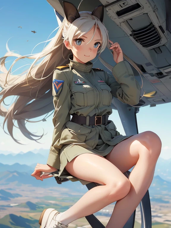 {(masterpiece,best quality, 8K UHD, extremely detailed CG, detailed beautiful face and eyes and skin and hair)}, {(ultra realistic photo style:1.4)}, {(Free fall from Altitude 10000m:1.4), (out of focus background:1.4)}, {1woman, medium hair, Ponytail hair with braids, medium breasts, forehead}, {(strike_witches:1.4), (white small_lace_panties:1.1), (military shoes:1.1)}, {(inner_thighs showing pose:1.2), (feet up:1.3)}, {(cheerful:1.4), (candid shot), (hair stands on end in the wind)}