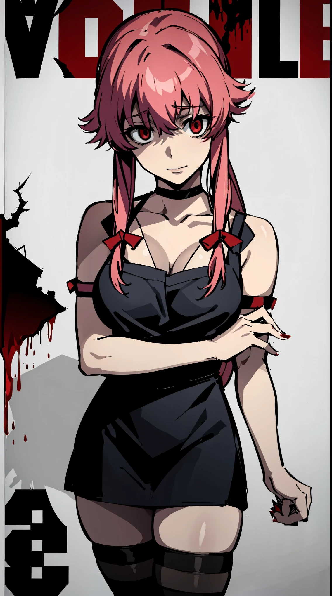 a horror movie poster of yuno gasai wearing an apron stained in blood and she as a sinister look and she has a crazed smile, the apron is stained in blood and her (large breasts:1.5) are exposed and she's also wearing black thigh highs and a black gothic choker,and the posters title is ((psycho)), and her eyes are red