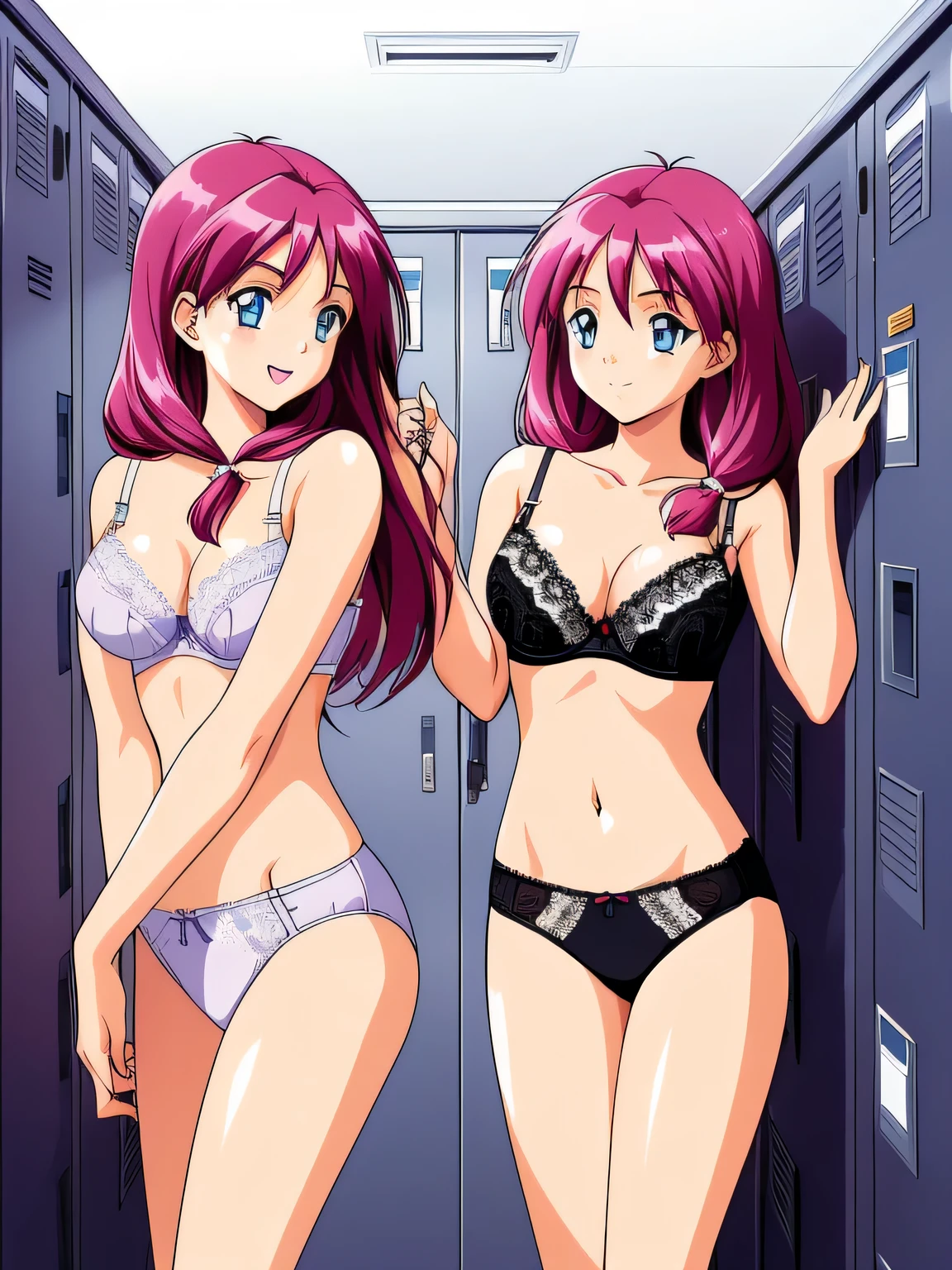 shirayuki, Two Girls, Multiple Girls, twins, smile, brother, Sisters, blue eyes,Browsing Caution,(((Lace Underwear))),((((Wear a lacy bra)))),topless,locker room,good,retro artstyle, twins, Long Hair,  1990s (style), chest, brother, avert your eyes, city, Day,
masterpiece, expensive quality, very_expensive_solve, big_file size, Full Color,