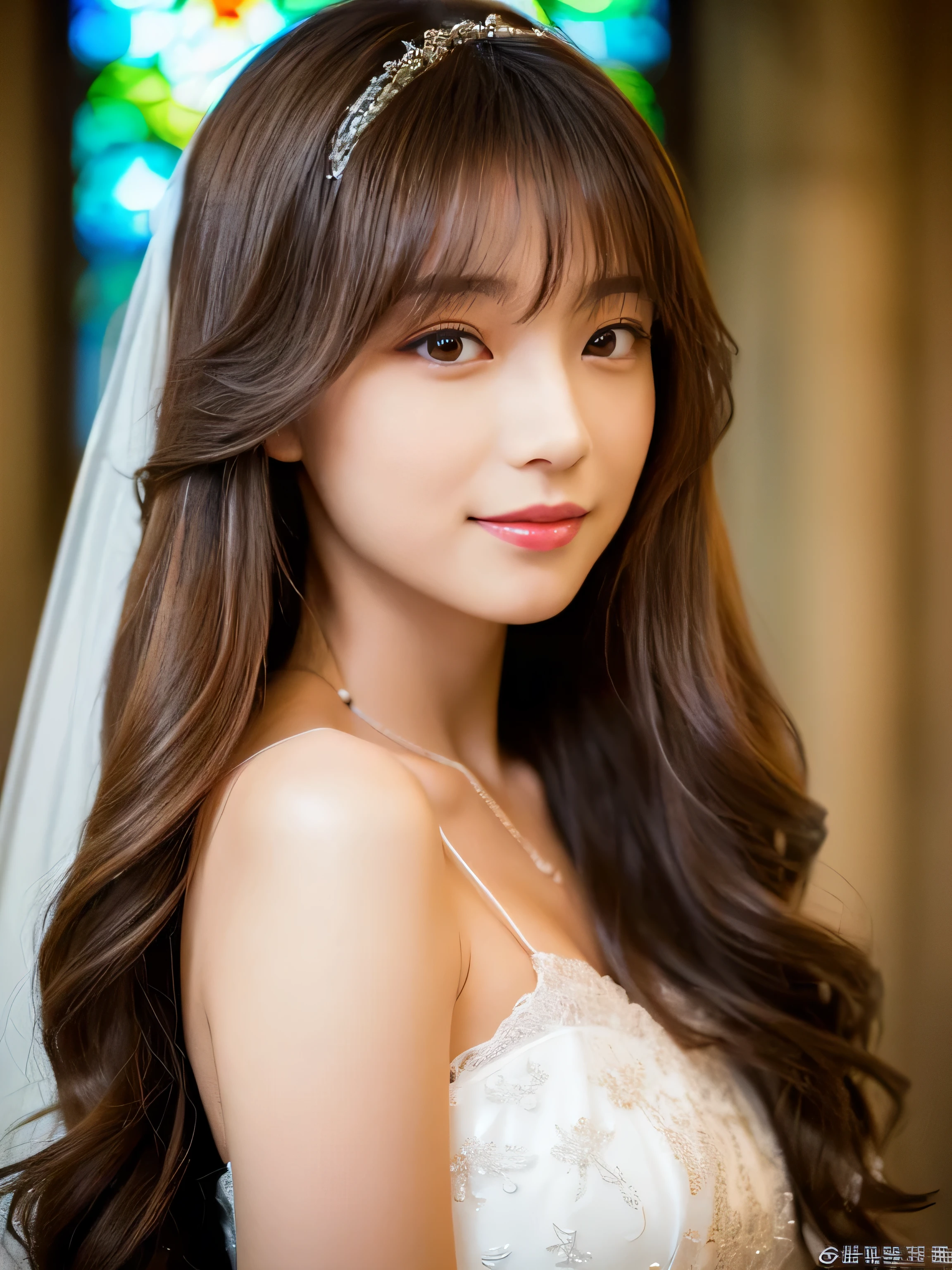 (She is wearing a pure white shiny voluminous wedding dress:1.I am wearing 3) (Photo of upper body from waist up) (Japanese solo photoshoot'The most beautiful 24 year old woman)) ((Her hair is incredibly curly、very long Very high quality, Shiny, Extremely Long Hair、beautiful, high quality, Extremely long hair like silk Attention to detail、Pure brown high quality extremely long hair And that is'rich High quality and highly detailed)) ((最high quality)), ((masterpiece)), (familiar) (Get used to it) Perfect Face (Her skin is a typical Japanese skin color. Highly detailed skin texture) (Big Breasts:1.3) (She has a beautiful face and a typical Japanese figure.., Narrow eyes.) (Her bangs Well Organized) (She has perfect beautiful makeup and face Lipstick is light red A solid eyeliner) ((rich 1.4)) (Extremely detailed 8K) (Stable Diffusion Model) (Ultra-fine skin texture 1.4) (Actual, Vibrant:1.4), double eyelid Sharp focus:1.2、beautiful woman:1.4 Dynamic Lighting (Genuine RAW photos taken by professional photographers) (Her long bangs、Well Organized) (Turn your whole body to the viewer) Professionally lit from the front (her hair is light brown) (her hair is light brown) (her hair is light brown) (She smiles with the joy of a lady) (This is a church with professional lighting where you can see the stained glass.) (She is facing forward and holding the bouquet in front of her body.) (A wedding veil with a visible face)