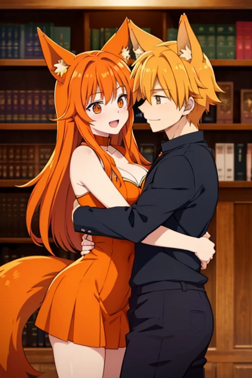 an orange haired male student with orange eyes and orange fox ears and an orange fox tail in a magical is hugging an orange haired female witch with with copper eyes and orange fox ears and an orange fox tail in the library