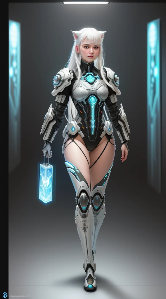 stunning photorealistic portrait photograph of a beautiful cyberpunk catgirl, albino, white shapeless cyberpunk hair, white eyebrows, full body, baroque intricate cyber armor, hyperdetailed painting, luminism, Bar lighting, complex, 4k resolution concept art portrait by Greg Rutkowski, Artgerm, WLOP, Alphonse Mucha, little fusion, realistic fantasy, fractal isometrics details bioluminescence, beautiful awesome, 3d render, octane render, intricately detailed, cinematic, trending on artstation | Isometric | Centered hypereallistic cover photo awesome full color, hand drawn, dark, gritty, realistic mucha, klimt, 12k