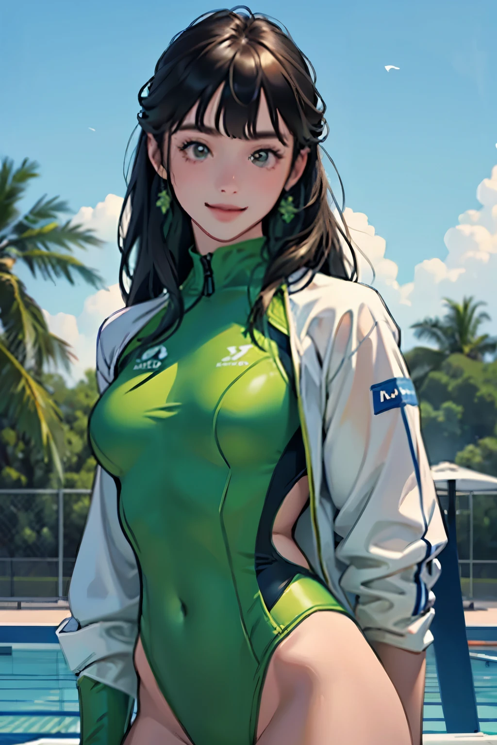 masterpiece、highest quality、High resolution、Two realistic girls、Competitive swimmer、Close-up of a person、Wearing a green bodysuit、During Competitive swimmerics competitions、smile、Swimming Venues、Sexy competitive swimsuit 