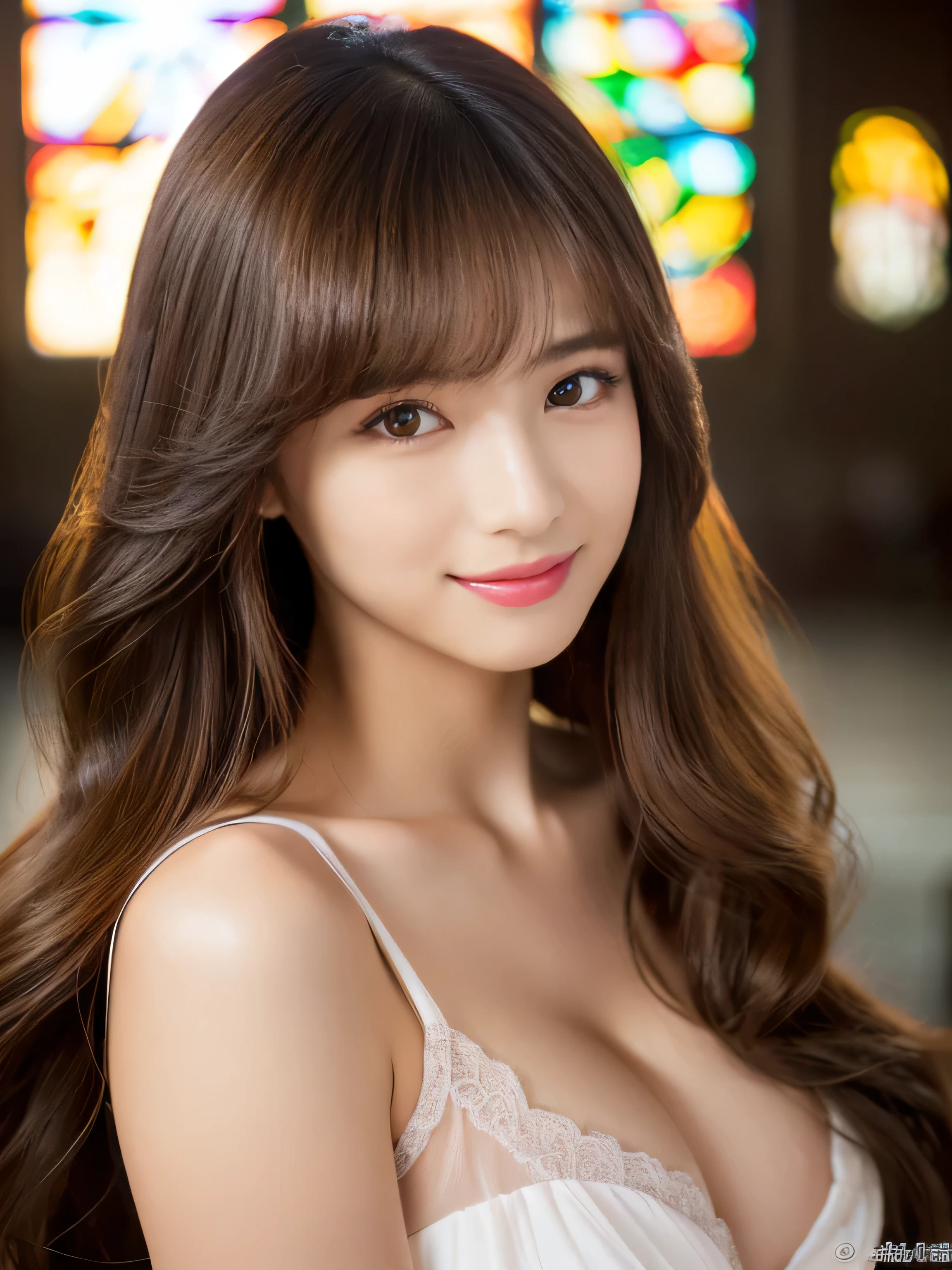 (She is wearing a pure white shiny voluminous wedding dress:1.I am wearing 3) (Photo of upper body from waist up) (Japanese solo photoshoot'The most beautiful 24 year old woman)) ((Her hair is incredibly curly、very long Very high quality, Shiny, Extremely Long Hair、beautiful, high quality, Extremely long hair like silk Attention to detail、Pure brown high quality extremely long hair And that is'rich High quality and highly detailed)) ((最high quality)), ((masterpiece)), (familiar) (Get used to it) Perfect Face (Her skin is a typical Japanese skin color. Highly detailed skin texture) (Big Breasts:1.3) (She has a beautiful face and a typical Japanese figure.., Narrow eyes.) (Her bangs Well Organized) (She has perfect beautiful makeup and face Lipstick is light red A solid eyeliner) ((rich 1.4)) (Extremely detailed 8K) (Stable Diffusion Model) (Ultra-fine skin texture 1.4) (Actual, Vibrant:1.4), double eyelid Sharp focus:1.2、beautiful woman:1.4 Dynamic Lighting (Genuine RAW photos taken by professional photographers) (Her long bangs、Well Organized) (Turn your whole body to the viewer) Professionally lit from the front (her hair is light brown) (her hair is light brown) (her hair is light brown) (She smiles with the joy of a lady) (This is a church with professional lighting where you can see the stained glass.) (She is facing forward and holding the bouquet in front of her body.)