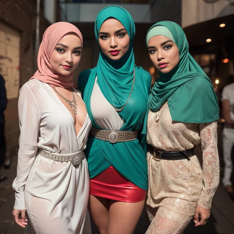 Group of Malaysian girls wearing bikini with hijab ,malay, The whole body consists of a young girl with hijab, Eye makeup, 21yo, Cat ears, Soft lighting, Solo, Wear shabby clothes, Dirty, Tattered futuristic military uniform, Cat's paw badge, Pose, spot color, rendering by octane, Ultra-realistic intricate details, Cinematic, 8K resolution, 70mm, emphasis lighting's (((2 girls:1.5, girls standing))) Setting background: Basquiat graffiti wall background,Graffiti artist, urban walls, spray paint cans, bold colors, rebellious strokes, street gallery, artistic , night shadows, public expression, aerosol mastery, layered stencils, cultural messages, graffiti tags, creative risks, vibrant visuals, underground recognition, impactful designs, urban transformation. Art by Mschiffer (((Sexy smile))), (((Full body model pose))) (((Red lips))) (((wearing a Sexy belt design by LV))) bride very fit physique (38D breast:1.3) , (((Woman with hijab style, modern hijan)), (lace stockings), (((Wearing: diamond necklace and earrings))). RAW photo, full sharp, detailed face (high detailed skin:1.2), 8k uhd, dslr, soft lighting, high quality, film grain, Fujifilm XT3, (extremely beautiful face, sexy lips, beautiful red lips, Clear eyes, beautiful eyes), (big green eyes), pretty girl, face forward, intricate detail face, ((ultra detailed skin)) (skin texture, film grain), Detailed beautiful face, natural tpose, natural facial expression, (((Straight breasts))), Surreal full-body figure, Beautiful and delicate body and face, gorgeous figure, ssmile, Titillating，Surreal full-body figure，Beautiful and detailed body and face, Super vista, White skin of the, vivd colour,🔥8k, masterpiece, RAW photo, best quality, (18k detail:1.2), photorealistic, extremely, deep shadow, earrings, bracelets, necklace,