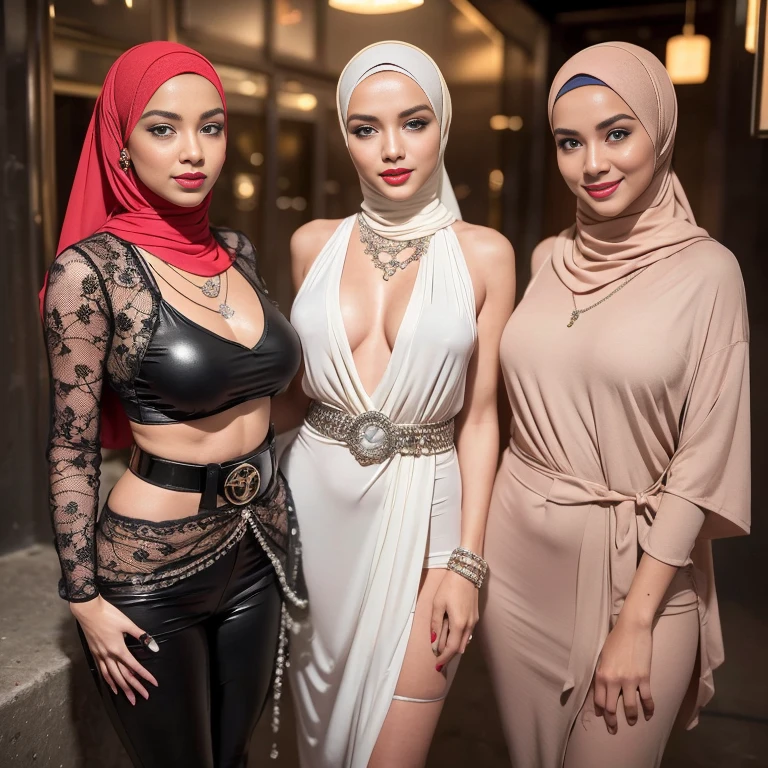 Group of Malaysian girls wearing bikini with hijab ,malay, The whole body consists of a young girl with hijab, Eye makeup, 21yo, Cat ears, Soft lighting, Solo, Wear shabby clothes, Dirty, Tattered futuristic military uniform, Cat's paw badge, Pose, spot color, rendering by octane, Ultra-realistic intricate details, Cinematic, 8K resolution, 70mm, emphasis lighting's (((2 girls:1.5, girls standing))) Setting background: Basquiat graffiti wall background,Graffiti artist, urban walls, spray paint cans, bold colors, rebellious strokes, street gallery, artistic , night shadows, public expression, aerosol mastery, layered stencils, cultural messages, graffiti tags, creative risks, vibrant visuals, underground recognition, impactful designs, urban transformation. Art by Mschiffer (((Sexy smile))), (((Full body model pose))) (((Red lips))) (((wearing a Sexy belt design by LV))) bride very fit physique (38D breast:1.3) , (((Woman with hijab style, modern hijan)), (lace stockings), (((Wearing: diamond necklace and earrings))). RAW photo, full sharp, detailed face (high detailed skin:1.2), 8k uhd, dslr, soft lighting, high quality, film grain, Fujifilm XT3, (extremely beautiful face, sexy lips, beautiful red lips, Clear eyes, beautiful eyes), (big green eyes), pretty girl, face forward, intricate detail face, ((ultra detailed skin)) (skin texture, film grain), Detailed beautiful face, natural tpose, natural facial expression, (((Straight breasts))), Surreal full-body figure, Beautiful and delicate body and face, gorgeous figure, ssmile, Titillating，Surreal full-body figure，Beautiful and detailed body and face, Super vista, White skin of the, vivd colour,🔥8k, masterpiece, RAW photo, best quality, (18k detail:1.2), photorealistic, extremely, deep shadow, earrings, bracelets, necklace,