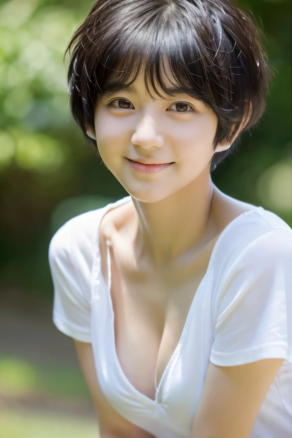 highest quality, masterpiece, ultra high resolution, (realistic:1.4), Raw photo, 15 year old girl, ((leaning forward):1.3), ((from the front)), (white t-shirt:1.2), (Very cute face like the most popular Japanese idol, very childish face, ((very beautiful big black eyes)), very beautiful hair, (short cut hair:1.5)、very beautiful skin, very beautiful long eyelashes, very beautiful lips, very beautiful cleavage, innocent smile, dynamic pose, Well-balanced body size、