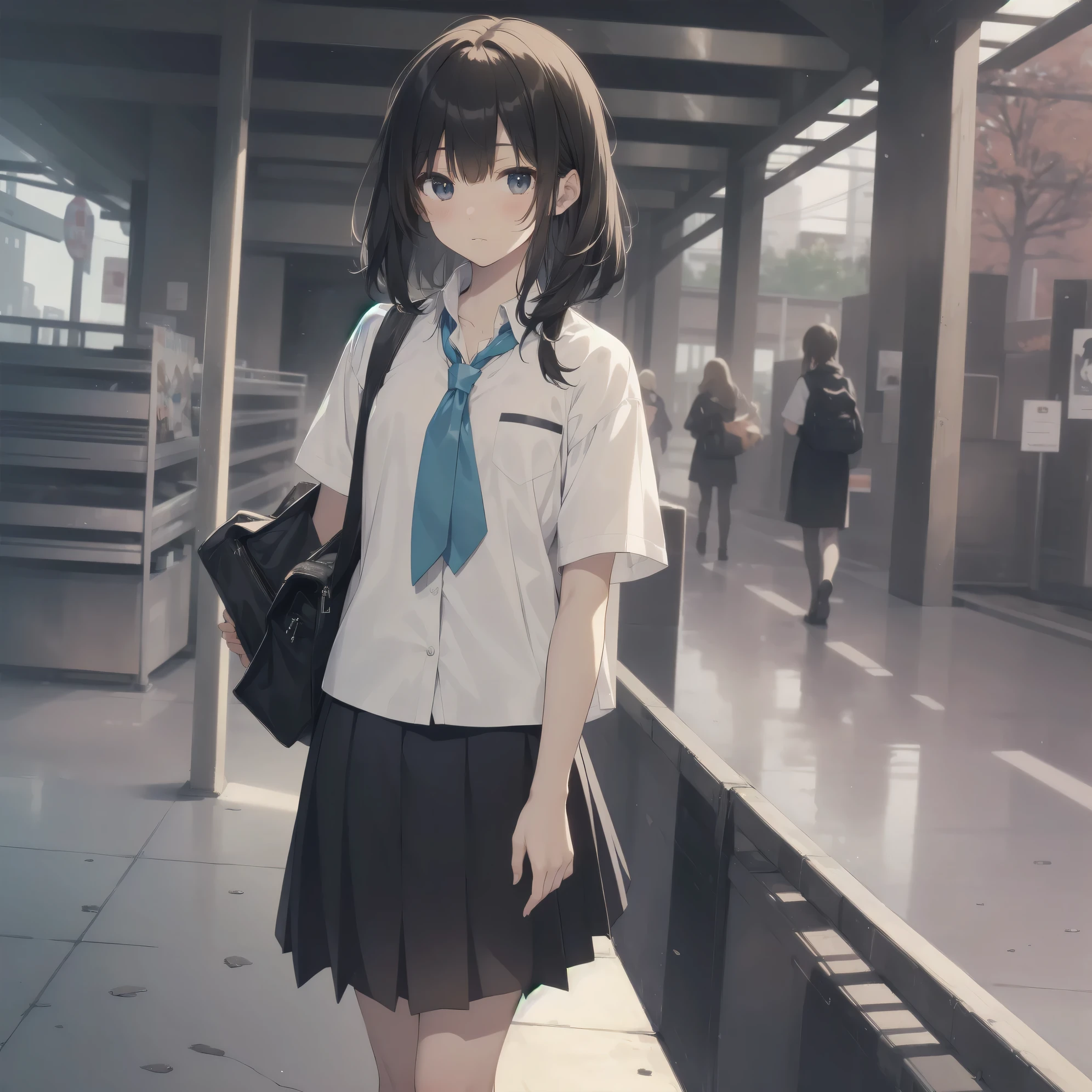 ultra-absurdres-Top quality by artist God, ultra-detailed, high resolution, anime moe artstyle, best anime 8k konachan wallpaper, pixiv contest winner,pool:2810, perfect anatomy,break, 1girl, (Please draw a girl walking sleepily to school alone. )break,(Solo,little female, 13-year-old:1.3),Full limbs, complete fingers,a junior high school student,  (very short hair), short cut, flat chest, , small butt, small black eyes, beautiful detailed eyes, well-proportioned iris and pupils, expressive eyes, highres detailed hair, soft expression, school_uniform, official_alternate_costume, neckerchief, collared shirt.  pleated skirt,(Detailed Lighting), (Detailed background), in the School commute route. break,super detailed skin, Best cinematic lighting powered by famous artist, 8k,beauty illustration,photoshop_(medium),very aesthetic,break,((artist:hara_(harayutaka) )), artist:bolze ,artist:oyari_ashito ,artist:kantoku ,