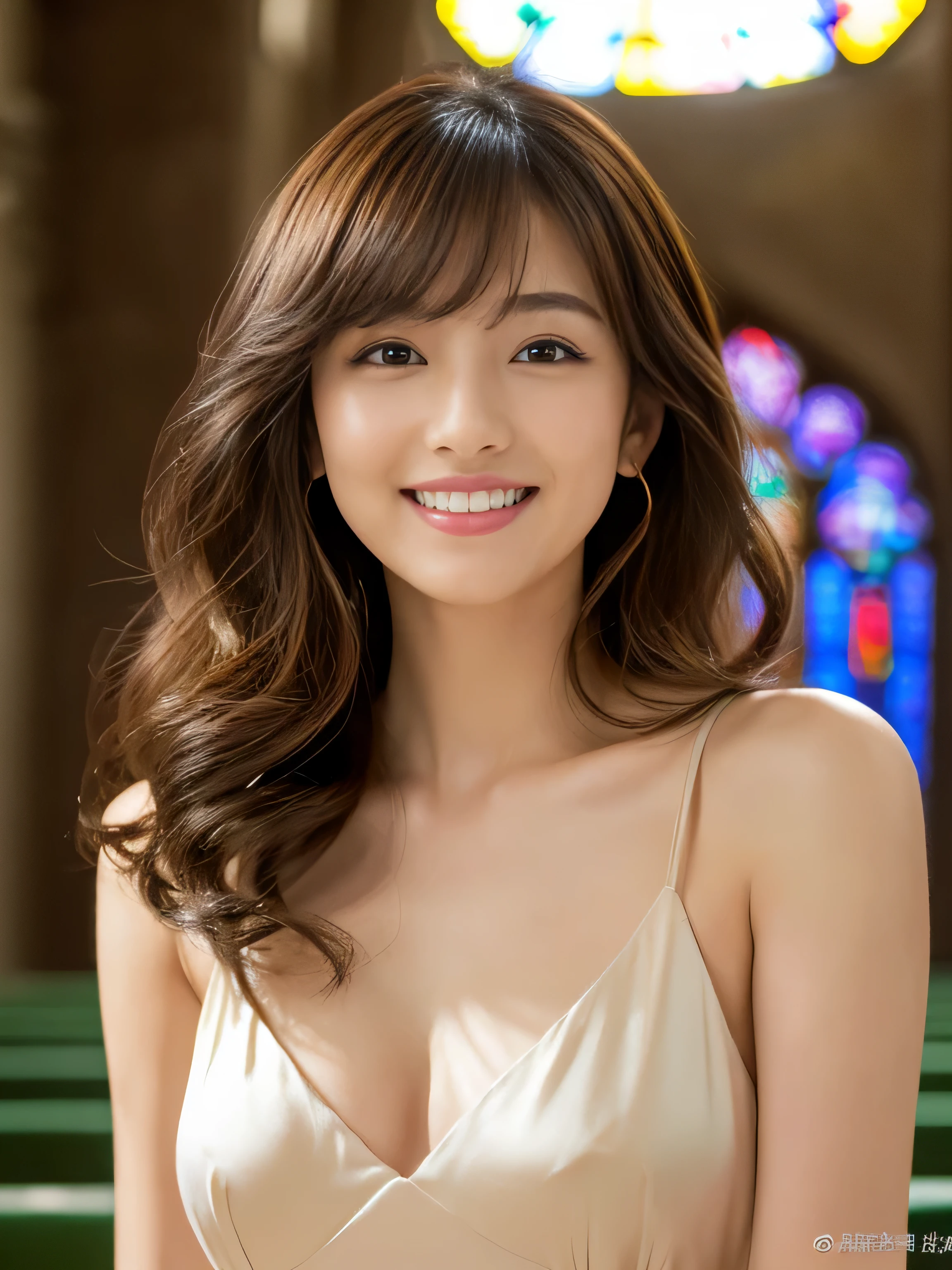 (Photo of upper body from waist up) (Japanese solo photoshoot'The most beautiful 24 year old woman)) ((Her hair is incredibly curly、very long.、Very high quality, Shiny, Very long hair、beautiful, high quality, Very long hair like silk Attention to detail、Pure brown high quality extremely long hair, Thinning hair, And that is'rich High quality and highly detailed)) ((最high quality)), ((masterpiece)), (familiar) (Get used to it) Perfect Face (Her skin is a typical Japanese skin color. Highly detailed skin texture) (Big Breasts:1.3) (She is wearing a pure white shiny voluminous wedding dress.) (She has a beautiful face and a typical Japanese figure.., Narrow eyes.) (Her bangs Well Organized) (She has perfect beautiful makeup and face Lipstick is light red A solid eyeliner) ((rich 1.4)) (Extremely detailed 8K) (Stable Diffusion Model) (Ultra-fine skin texture 1.4) (Actual, Vibrant:1.4), double eyelid Sharp focus:1.2、beautiful woman:1.4 Dynamic Lighting (Genuine RAW photos taken by professional photographers) (Her long bangs、Well Organized) (Turn your whole body to the viewer) Professionally lit from the front (her hair is light brown) (her hair is light brown) (her hair is light brown) (She smiles with the joy of a lady) (This is a church with professional lighting where you can see the stained glass.)
