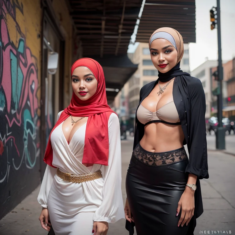 Group of Malaysian girls wearing bikini with hijab ,malay, The whole body consists of a young girl with hijab, Eye makeup, 21yo, Cat ears, Soft lighting, Solo, Wear shabby clothes, Dirty, Tattered futuristic military uniform, Cat's paw badge, Pose, spot color, rendering by octane, Ultra-realistic intricate details, Cinematic, 8K resolution, 70mm, emphasis lighting's (((2 girls:1.5, girls standing))) Setting background: Basquiat graffiti wall background,Graffiti artist, urban walls, spray paint cans, bold colors, rebellious strokes, street gallery, artistic , night shadows, public expression, aerosol mastery, layered stencils, cultural messages, graffiti tags, creative risks, vibrant visuals, underground recognition, impactful designs, urban transformation. Art by Mschiffer (((Sexy smile))), (((Full body model pose))) (((Red lips))) (((wearing a Sexy belt design by LV))) bride very fit physique (38D breast:1.3) , (((Woman with hijab style, modern hijan)), (lace stockings), (((Wearing: diamond necklace and earrings))). RAW photo, full sharp, detailed face (high detailed skin:1.2), 8k uhd, dslr, soft lighting, high quality, film grain, Fujifilm XT3, (extremely beautiful face, sexy lips, beautiful red lips, Clear eyes, beautiful eyes), (big green eyes), pretty girl, face forward, intricate detail face, ((ultra detailed skin)) (skin texture, film grain), Detailed beautiful face, natural tpose, natural facial expression, (((Straight breasts))), Surreal full-body figure, Beautiful and delicate body and face, gorgeous figure, ssmile, Titillating,Surreal full-body figure,Beautiful and detailed body and face, Super vista, White skin of the, vivd colour,🔥8k, masterpiece, RAW photo, best quality, (18k detail:1.2), photorealistic, extremely, deep shadow, earrings, bracelets, necklace,