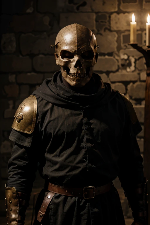 Mercenary in a black medieval uniform with a mask made of a human skull.