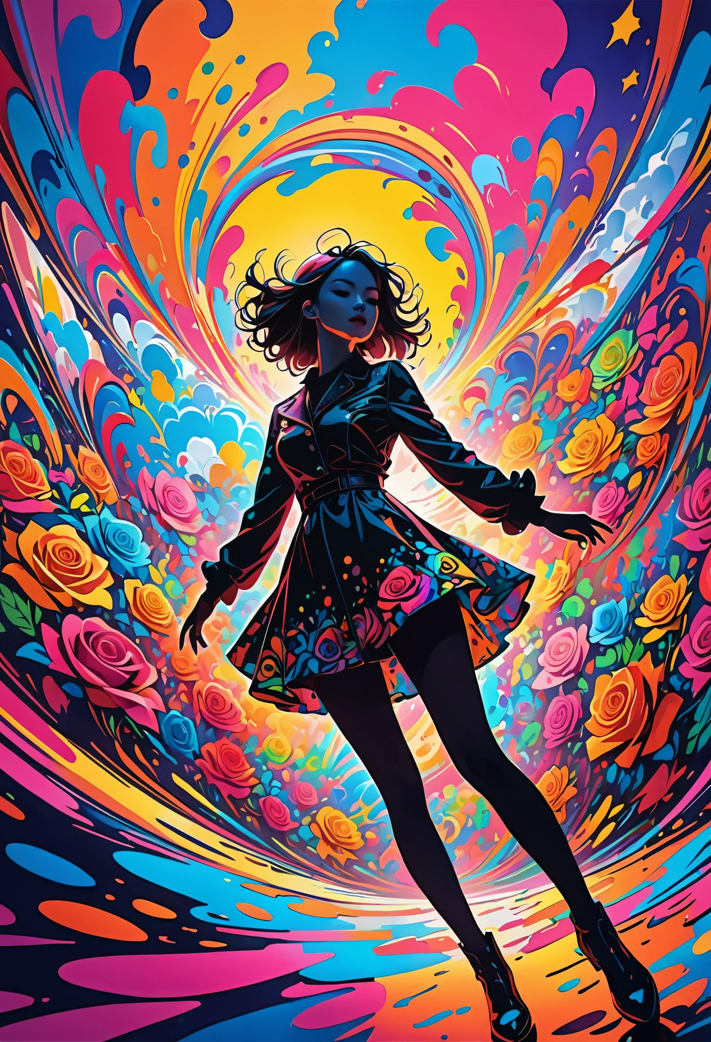 Rose,(((Energetic))) Abstract pictures, 2D Flat Ornate Sketch, Psychedelic, Gorgeous, Gorgeous, Gorgeous, Pop-up Art, silhouette, Full coverage neon colorful paint, painted, Dynamic Dutch angle