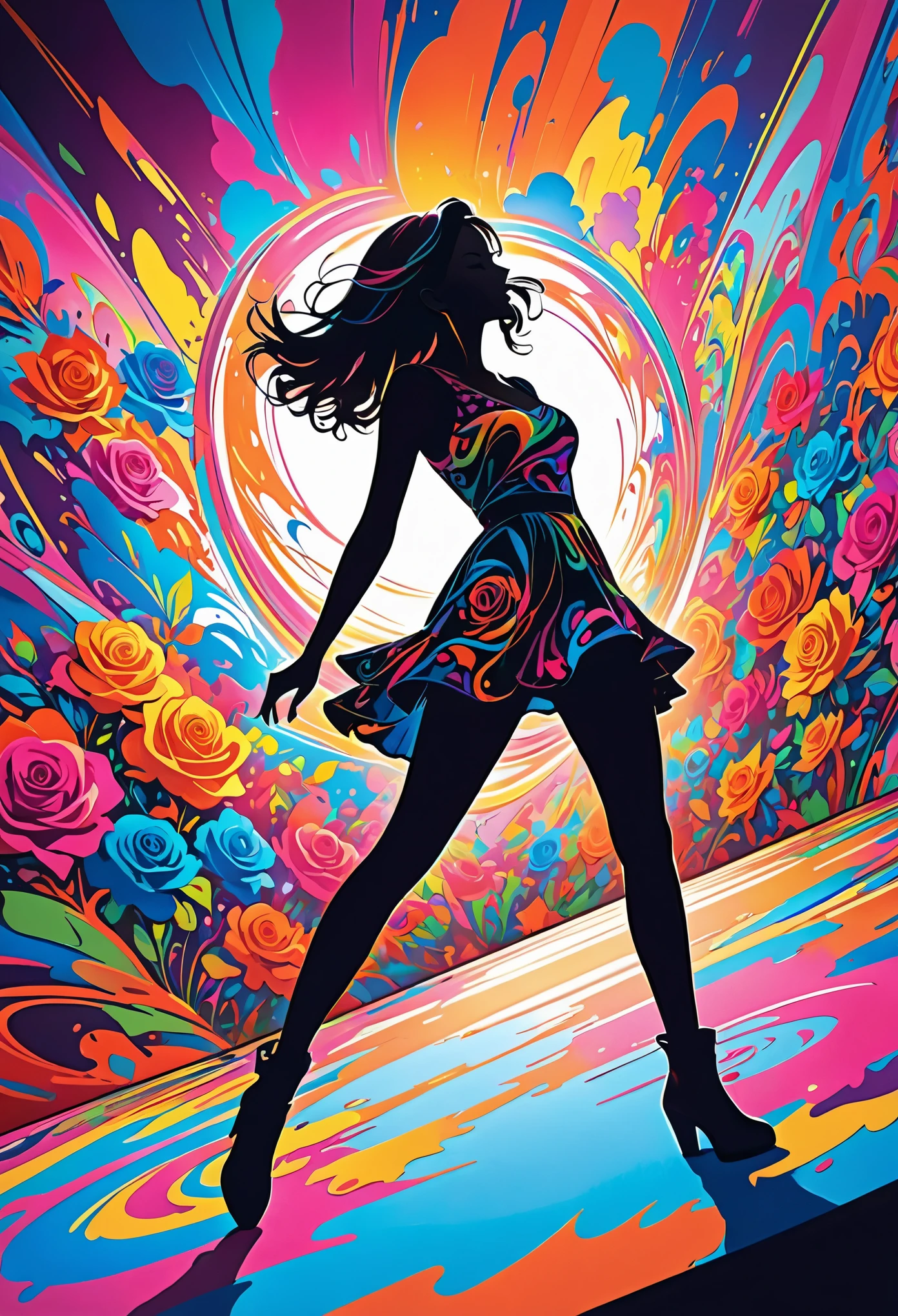 Rose,(((Energetic))) Abstract pictures, 2D Flat Ornate Sketch, Psychedelic, Gorgeous, Gorgeous, Gorgeous, Pop-up Art, silhouette, Full coverage neon colorful paint, painted, Dynamic Dutch angle