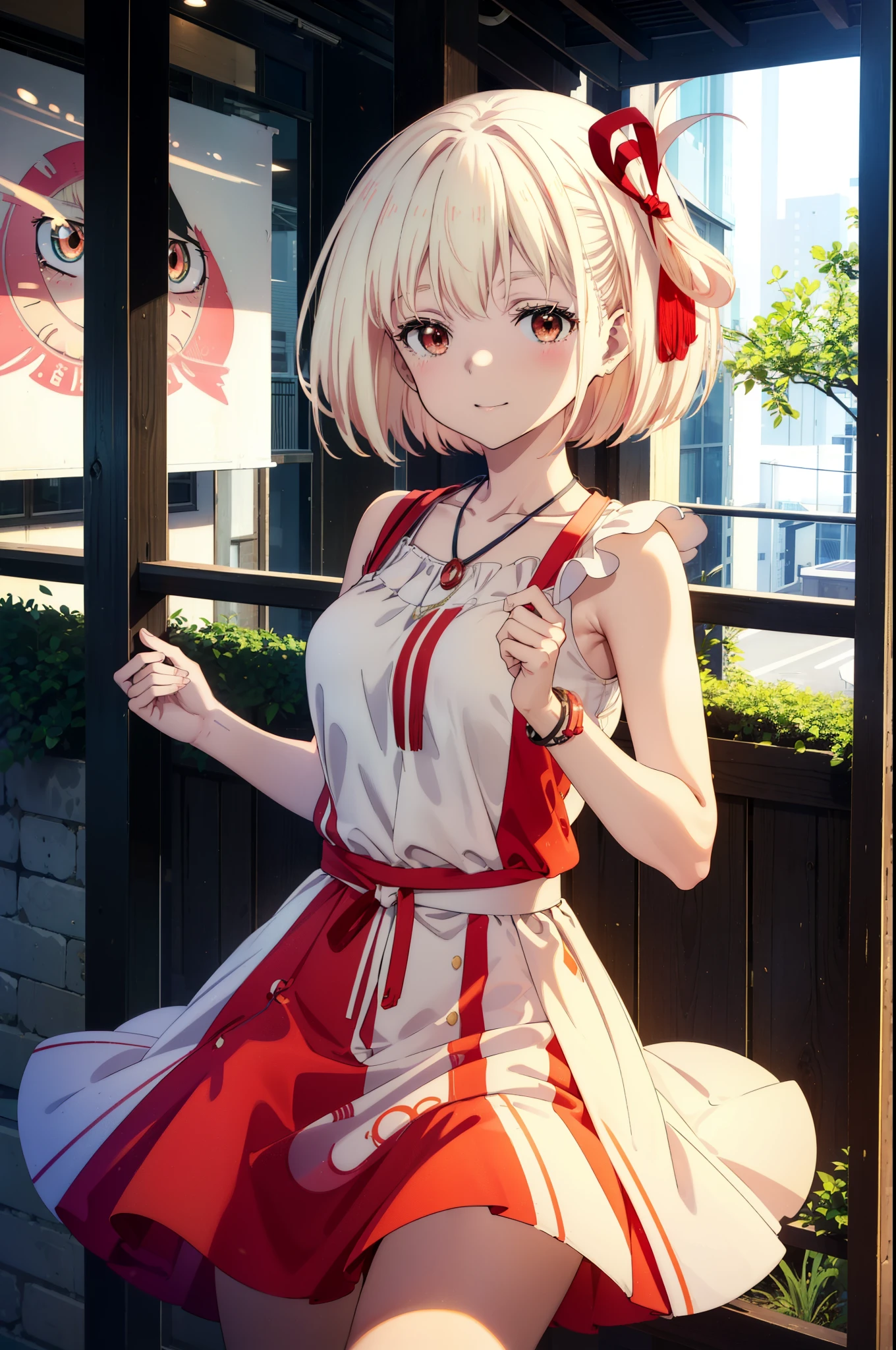 chisatonishikigi, Chisato Nishikigi, Short Hair, bangs, blonde,Bobcut, White hat(Red eyes:1.5),  Hair Ribbon,One side up,happy smile, smile, Open your mouth,smile,blush,Red sleeveless dress,White long skirt,Bare arms,Bare neck,Rocket Pendant,Cute Sandals,real summer,sunny,It&#39;s as if your whole body is in the illustration., break outdoors, coastal,City Street, break looking at viewer, (Cowboy Shot:1.5), break (masterpiece:1.2), highest quality, High resolution, unity 8k wallpaper, (shape:0.8), (Beautiful details:1.6), Highly detailed face, Perfect lighting, Highly detailed CG, (Perfect hands, Perfect Anatomy),