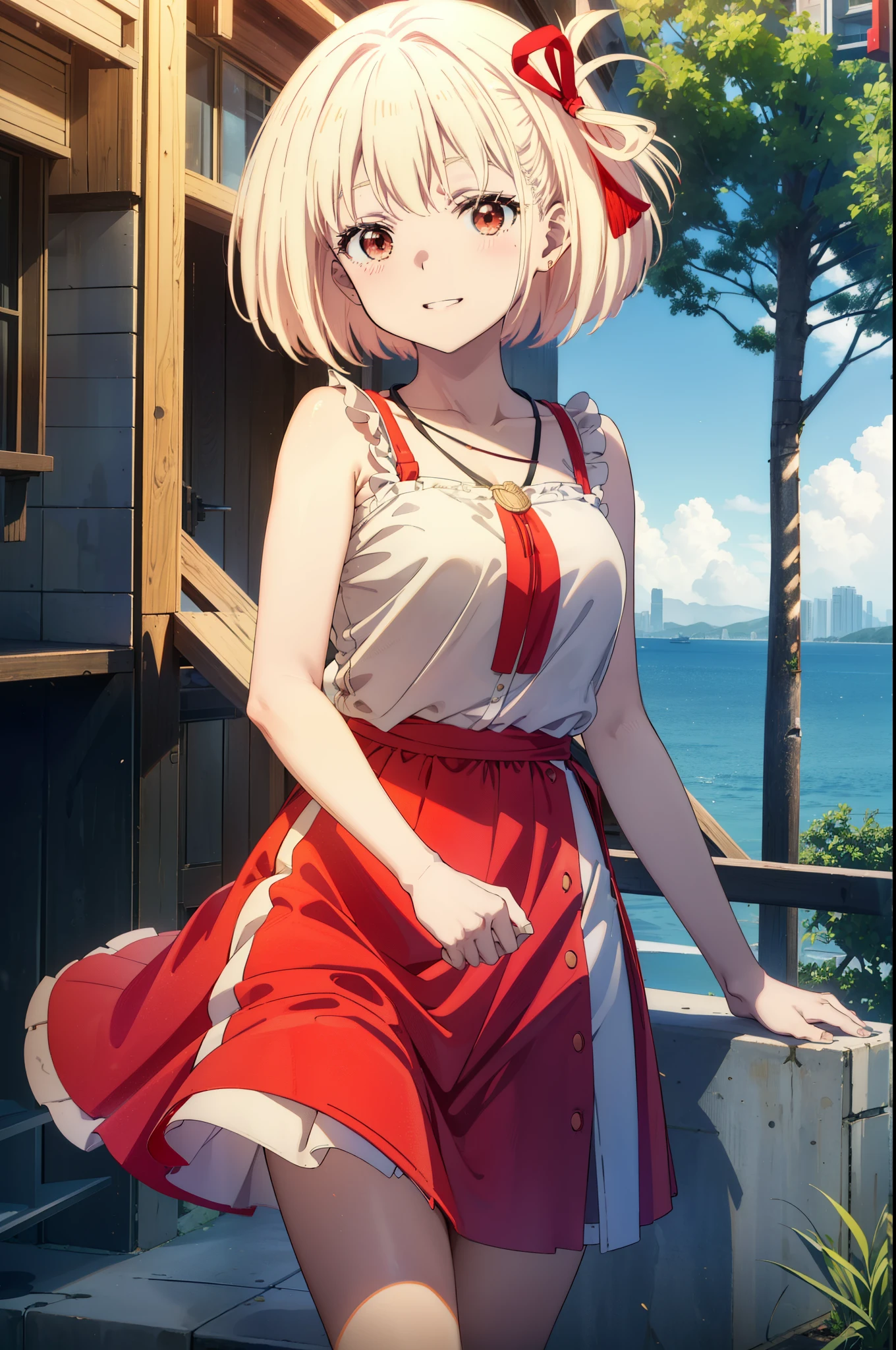 chisatonishikigi, Chisato Nishikigi, Short Hair, bangs, blonde,Bobcut, White hat(Red eyes:1.5), Hair Ribbon,One side up,happy smile, smile, Open your mouth,smile,blush,Red sleeveless dress,White long skirt,Bare arms,Bare neck,Rocket Pendant,Cute Sandals,real summer,sunny,It's as if your whole body is in the illustration., break outdoors, coastal,City Street, break looking at viewer, (Cowboy Shot:1.5), break (masterpiece:1.2), highest quality, High resolution, unity 8k wallpaper, (shape:0.8), (Beautiful details:1.6), Highly detailed face, Perfect lighting, Highly detailed CG, (Perfect hands, Perfect Anatomy),