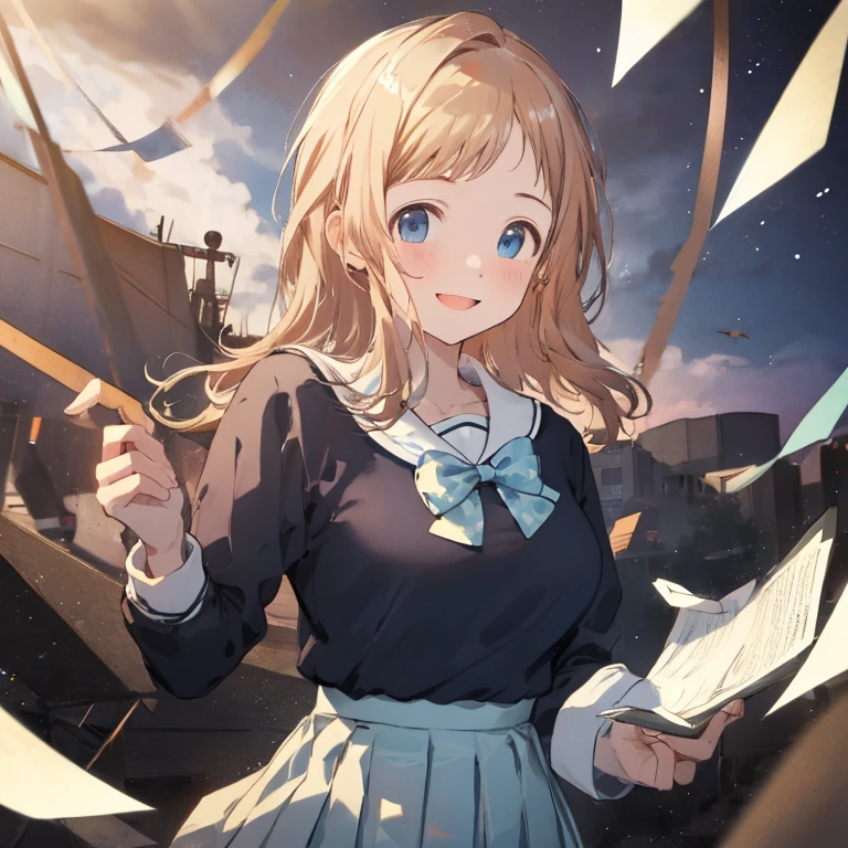  (Idol Master), (highest quality, 8k, masterpiece, Very detailed:1.4), (Lens flare, Particles of light, Shine), Big Breasts, smile, Open your mouth, masterpiece, highest quality, Very detailed, High resolution, Very detailedなCG, masterpiece, Official Art, From below, Light blue bow tie, Sailor suit, black long sleeve, Light blue check skirt, Perfect body,  Are standing, School