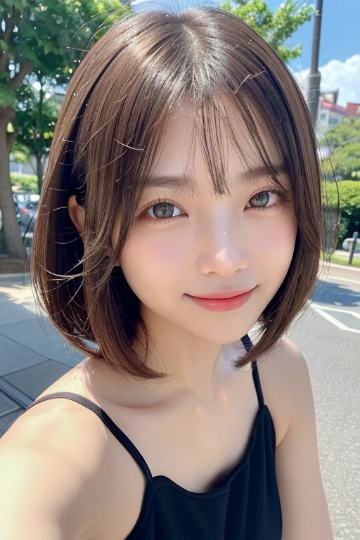 (((Definitely shoulder length, short, Straight Brown Bob)))、(((She has a summer park in the background、Posing like a model in a hair salon.)))、(((Random and cute street fashion)))、Face close-up、Half Japan, Half Korean、18-year-old girl、Independent、I'm looking forward to、Light eye makeup、Brown Hair Color、Flat 、Hair blowing in the wind、Quality of actress、Shiny, Ultra-realistic faces、smile、Watery eye、look up、Subtle lighting effects、 Ultra-Realistic Capture、Very detailed、High resolution 16k human skin closeup。Skin texture must be natural、The detail must be such that the pores are clearly visible.、skin is healthy、Even Tone、Use natural light and color、High quality images taken by modeling agencies'Exclusive photographer、smile