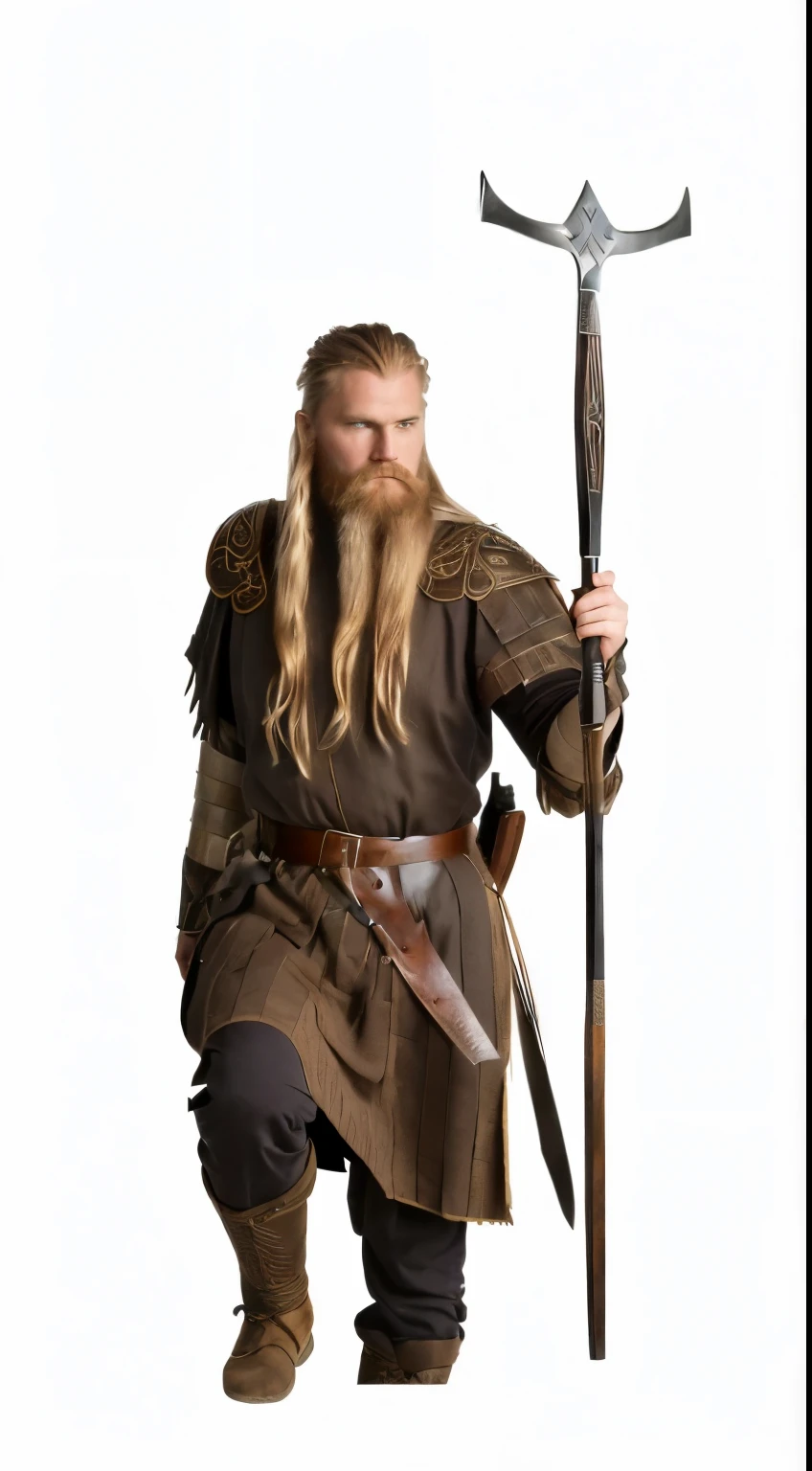 homme arafé aux cheveux longs et à la barbe tenant une épée, Gimli du Seigneur des Anneaux, Tenue viking, photo d'an adult male warrior, gimli, porter des vêtements vikings, guerrier nordique, as a medieval fantasy character, style viking, guerrier viking, an epic fantasy, longue barbe viking tressée, guerrier elfique blond, ancient guerrier viking