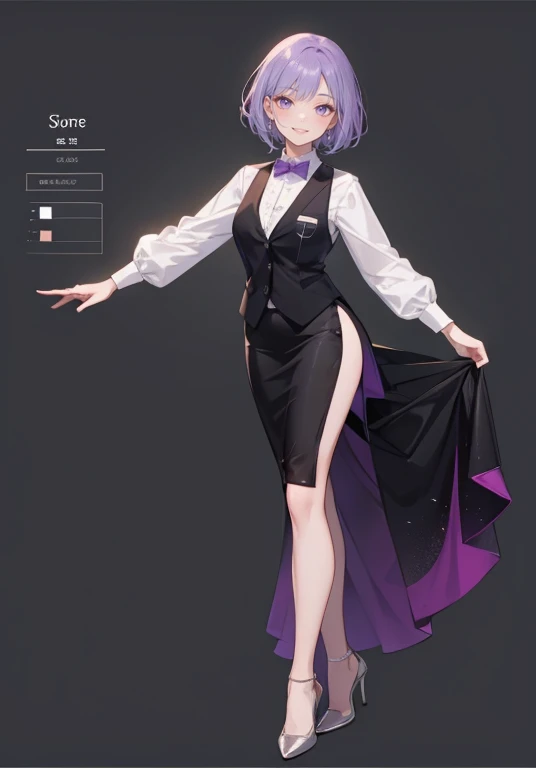 ((Perfect Face)),Purple Hair,short hair,1 female,bartender,,Black vest,,slit,skirt,High heels,,((Simple light color background)),((smile)),((Full Body)),((full body)),Character portrait,Character sheet,upright,