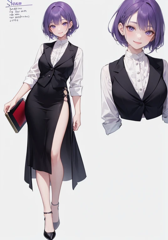 ((Perfect Face)),Purple Hair,short hair,1 female,bartender,,Black vest,,slit,skirt,High heels,,((Simple light color background)),((smile)),((Full Body)),((full body)),Character portrait,Character sheet,upright,