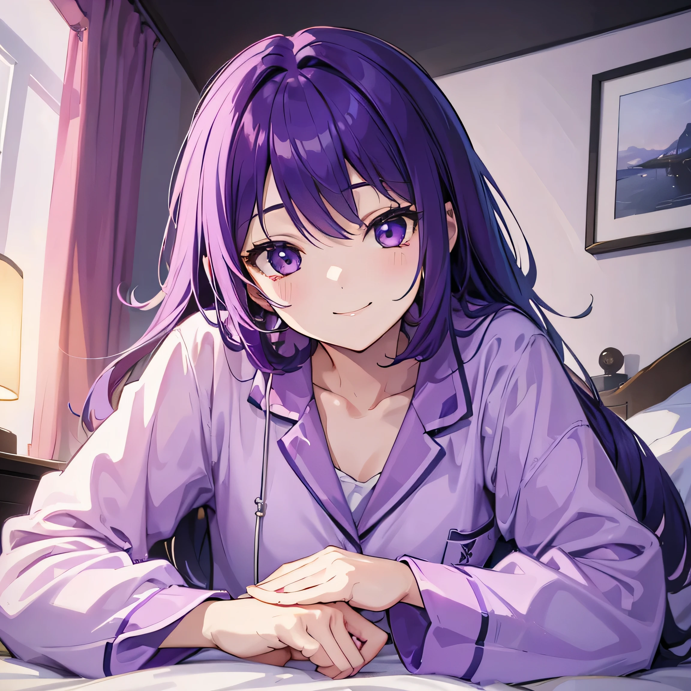 (T Masterpiece,4k wallpaper,Best Quality))、((girl1people))、(solo)、Bright and Brilliant,(Purple Hair)、(Shortcuts:1.3)、smile、Bedroom、pajamas、night