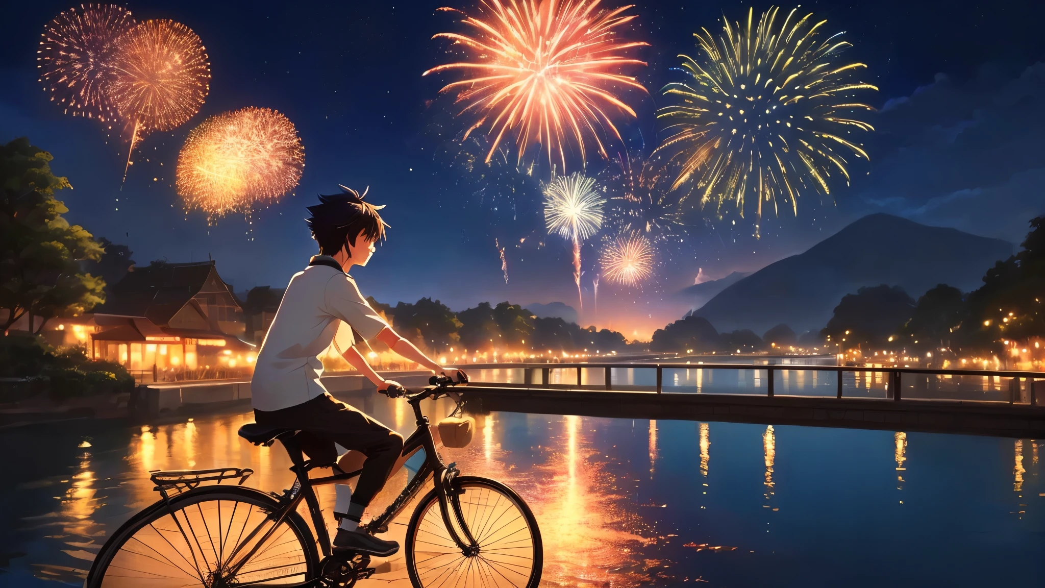 Anime boy riding a bike watching fireworks over the river at night, Atei Gailan Style, makoto shinkai cyril rolando, Gweiz style artwork, Inspired by Atei Gailan, Traditional Arts, Atei Gailan 8K, ( ( makoto shinkai ) ), makoto shinkai. —h 2160