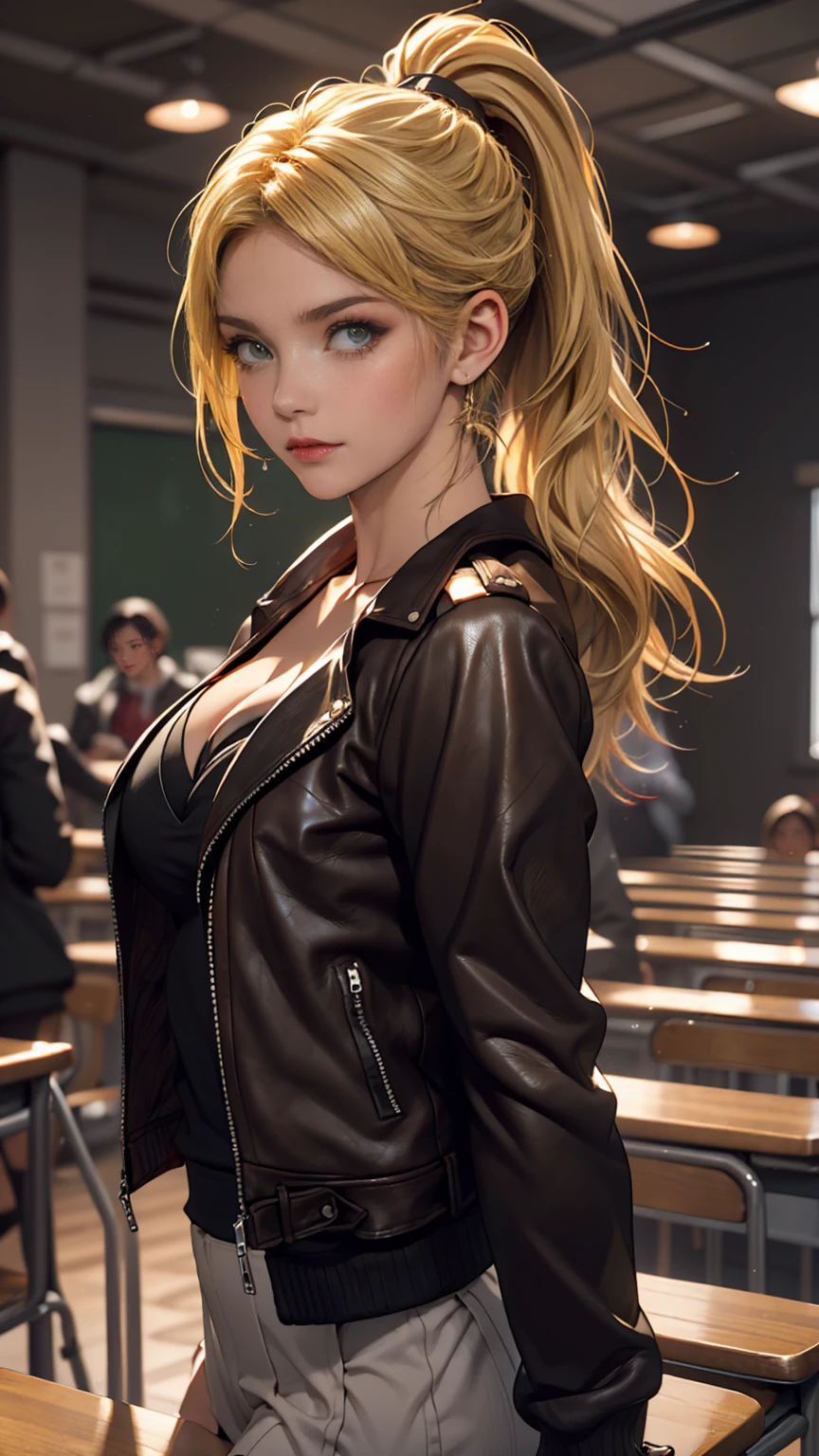 One girl, alone, face, Portraiture, Long Hair, ponytail, Blonde, Green Eyes, Large Breasts, (Black leather jacket:1.2) , Cleavage, School, Blushing, Looking at the audience,