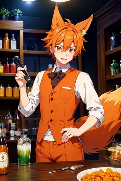 an orange haired male student with orange eyes and orange fox ears and an orange fox tail in a magical is organizing his potions