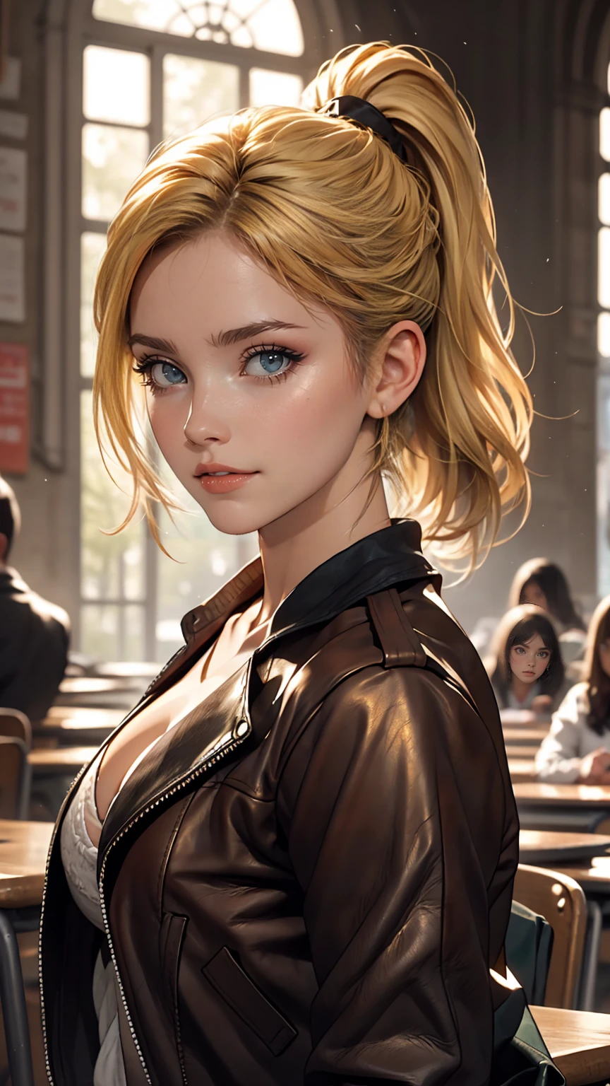 One girl, alone, face, Portraiture, Long Hair, ponytail, Blonde, Green Eyes, Large Breasts, (Black leather jacket:1.2) , Cleavage, School, Blushing, Looking at the audience,