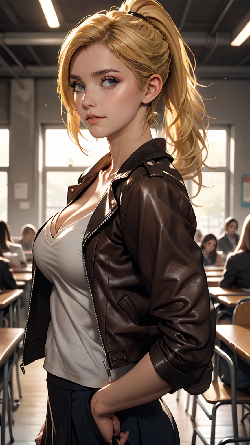 One girl, alone, face, Portraiture, Long Hair, ponytail, Blonde, Green Eyes, Large Breasts, (Black leather jacket:1.2) , Cleavage, School, Blushing, Looking at the audience,