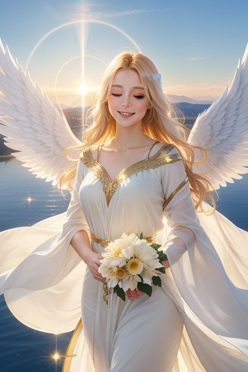Engel im Himmel (An Angel in Heaven), Sonniges Wetter (Sunny Weather), Realistisch (Realistic) --s2
An ethereal angel floats in the heavenly realm, bathed in the warm, sunlit glow of a tranquil sky. Her wings, delicately crafted from feathers that shimmer like stained glass, radiate an aura of peace and serenity. Her golden halo casts a gentle, otherworldly light upon her visage, illuminating her rosy cheeks and her smile that seems to hold the secrets of the universe. Draped in a flowing, white robe that billows in the breeze