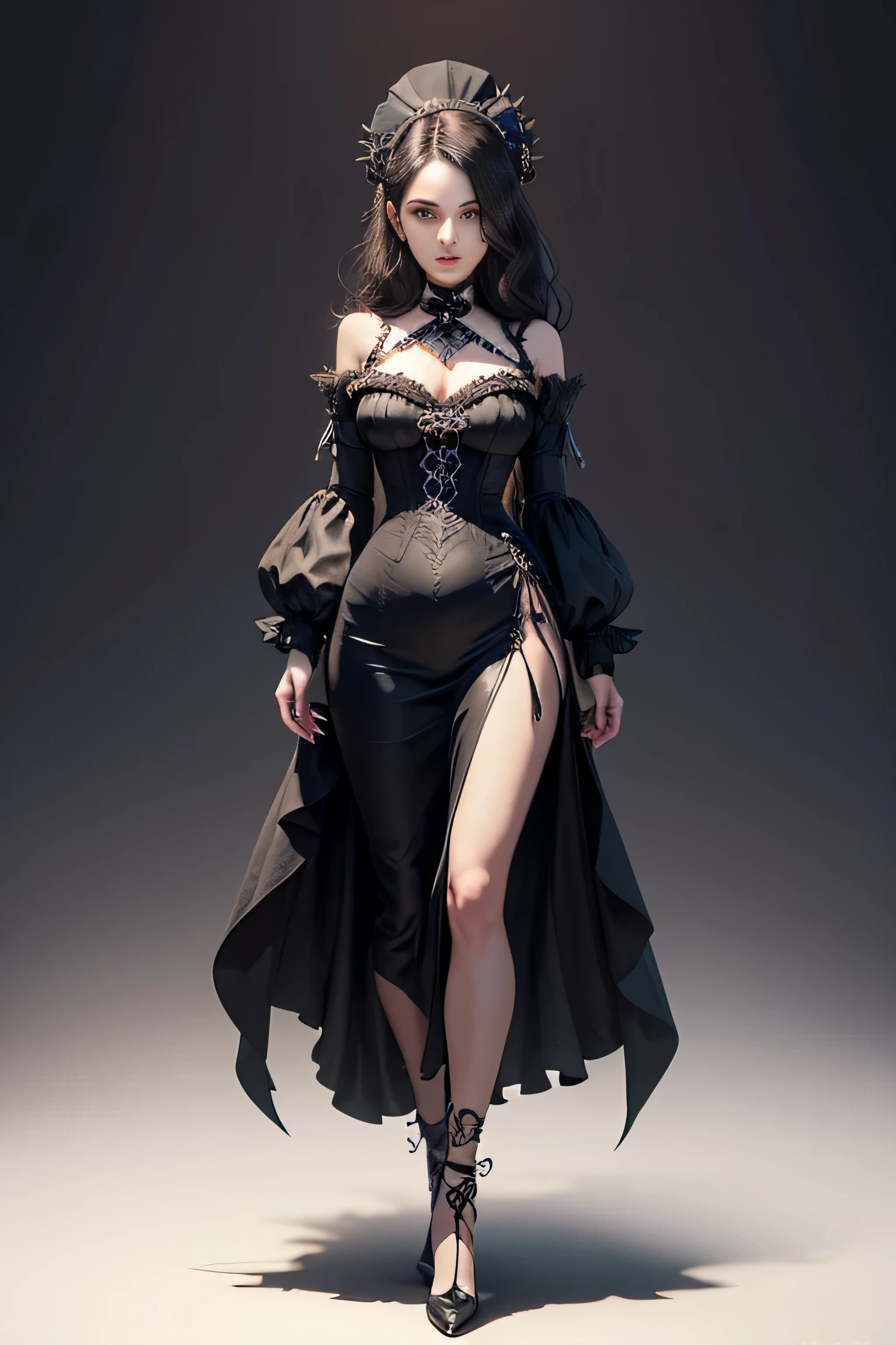 Create an extravagant full-body portrayal of a woman in Gothic style, emphasizing the "woman" theme. The design should feature Gothic elements such as lace, ribbons, and Victorian details, showcasing an elegant and intricate style. Utilize a color palette of black, white, and pastel tones to capture the unique Gothic aesthetic. The design must be eye-catching, with the woman centered in the image against a white background. She should fit well within the space, ensuring she does not touch the edges of the canvas. No text should be included in the image.