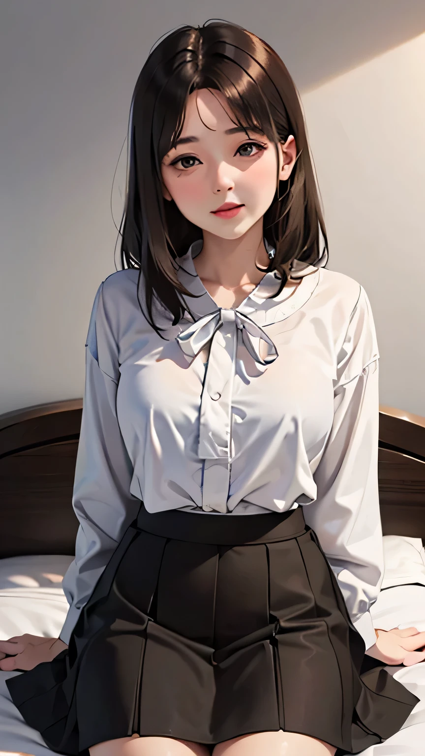 Blushing lightly and smiling, (Top quality masterpiece:1.2) Delicate illustrations, Very detailed, /Beautiful woman Japan in her 30s、1 person,Very cute and slim、Excellent style 、((8K images、super high quality))、Very delicate face, Skin and Hair、beautiful forehead、Red lipstick、Long Hair,(((((Shortcuts、Gradient Hair、Brown Hair))))),Very cute Japanese cut face、Eyes and nose are clearly visible、Kind eyes,(((White blouse、Tight Skirt))), in the bedrooms
