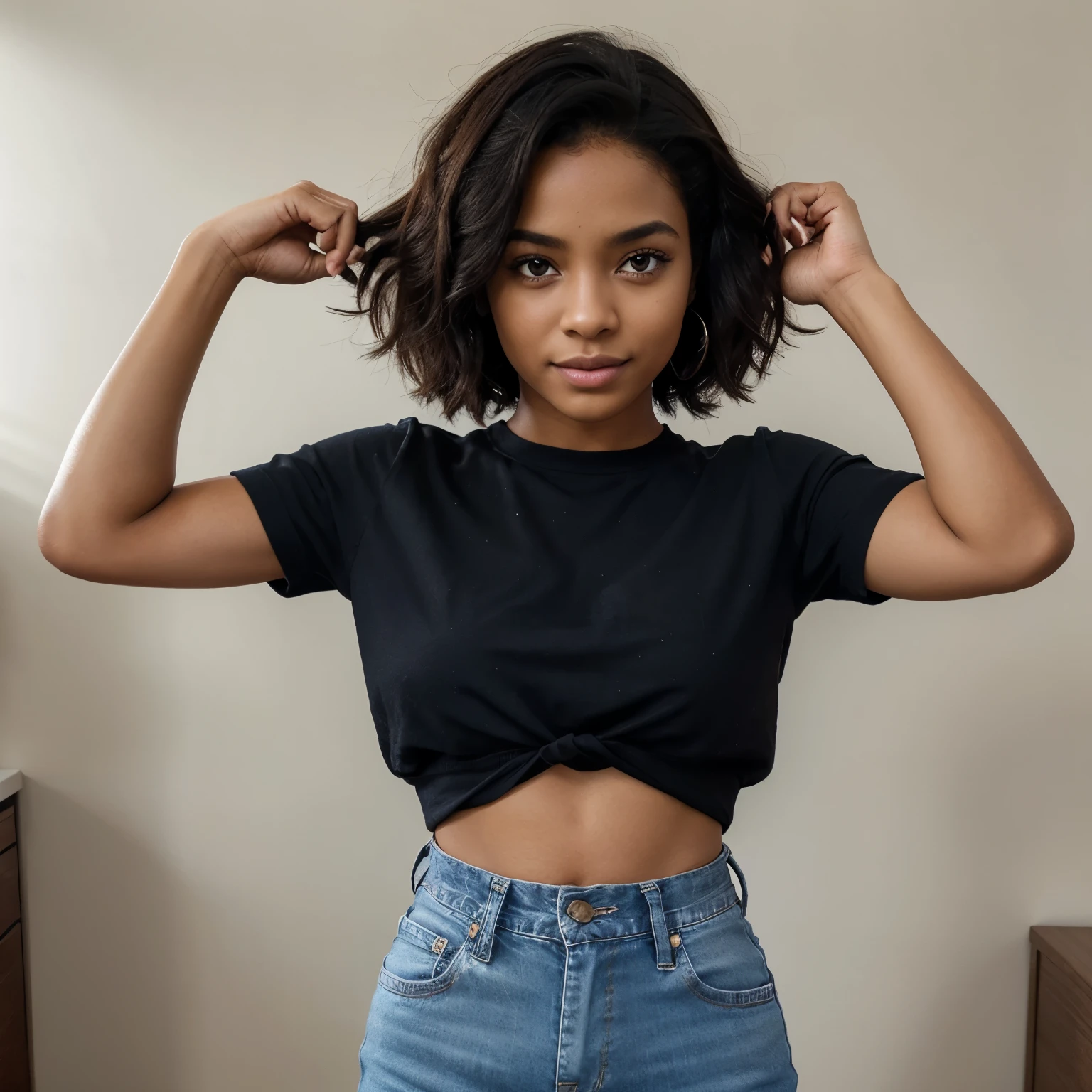 1 African Chirk Brown Skin:5, Sorriso fofo, STANDING ((corpo todo))) "various emotions" sombras realistas, olhos brilhantes, pele detalhada, olhos castanhos ligeiramente brilhantes, pose para foto, cabelo preto e encaracolado, Muito detalhado, rosto 8k altamente detalhado, formato de rosto perfeito, perfect full lips, nariz perfeito, olhos lindos e corretos, atento, camisa vermelha 3.45,blue pants , obra de arte , melhor qualidade, solteiro, jeans, sozinho, advanced chibi INFO