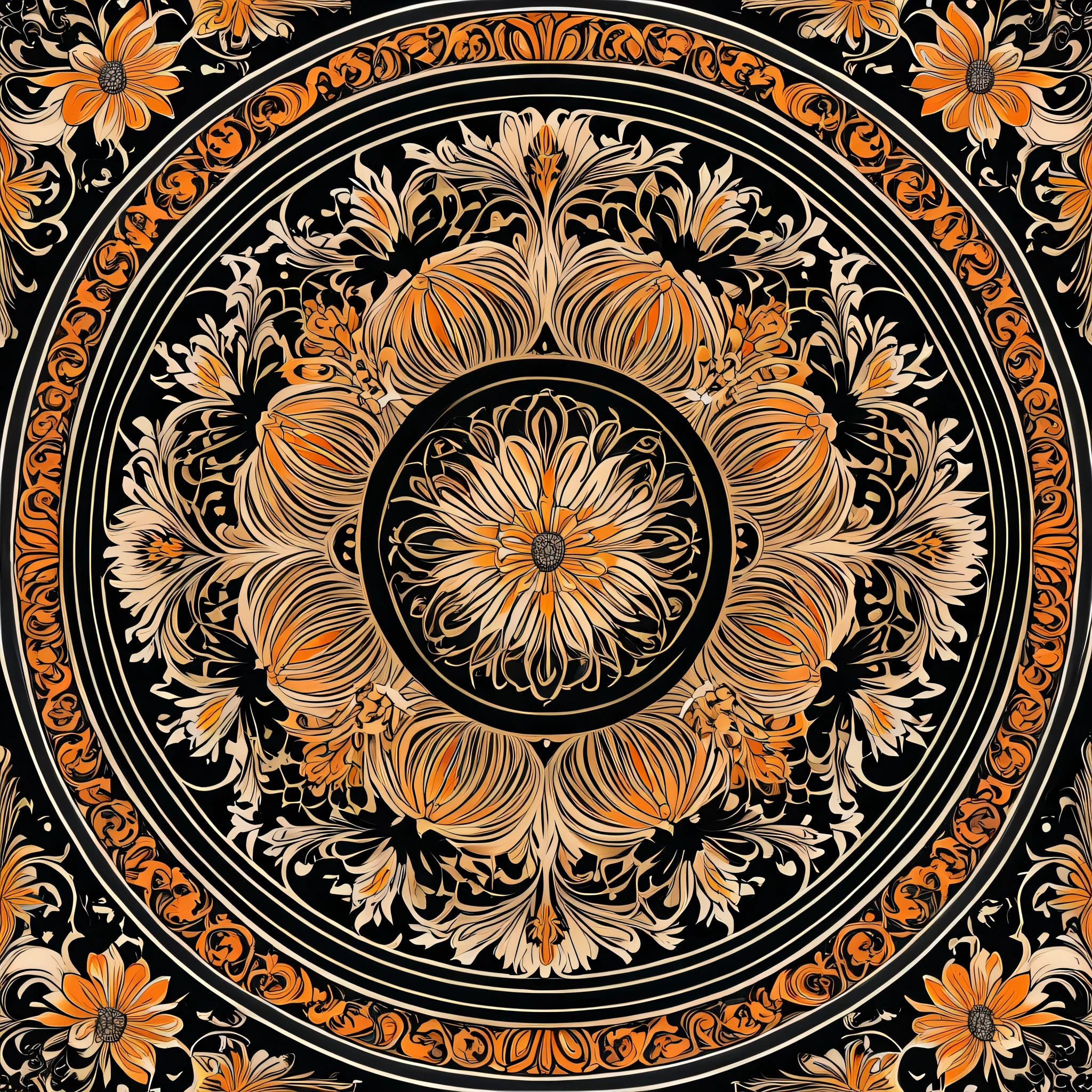 Orange and black circular floral design, vector art by György Thickh, Shutterstock, Arts and Crafts Movement, Glamorous art, Decorative aesthetics are complex, Intricate ornament, ornate intricate, Complex Baroque style, Intricate decoration, Beautiful Moorish decoration, Persian design, Symmetrical Baroque painting, Baroque art style, Glossy and intricate design, Symmetrical design