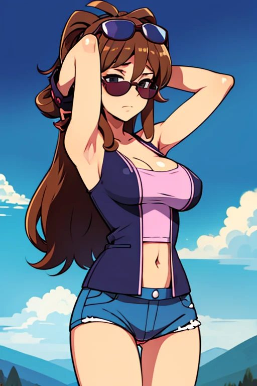 sexy cowgirl in panty, gloved hands hidden behind head, sunglasses
