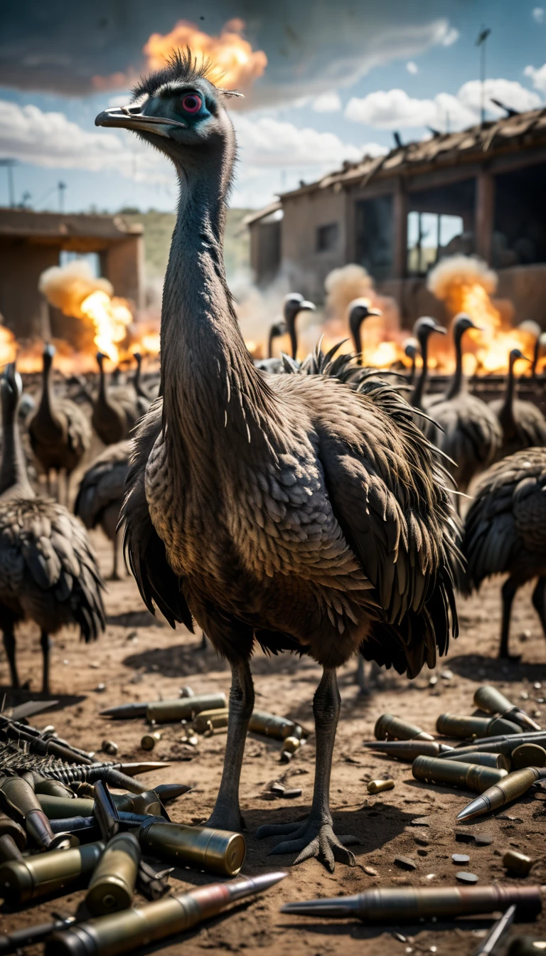A surreal image of emus standing triumphantly over a battlefield littered with spent ammunition, background cinematic, hyper realistic, ultra detailed hyper realistic, photorealistic, Studio Lighting, reflections, dynamic pose, Cinematic, historical accuracy, Color Grading, Photography, Shot on 50mm lens, Ultra-Wide Angle, Depth of Field, hyper-detailed, beautifully color, 8k