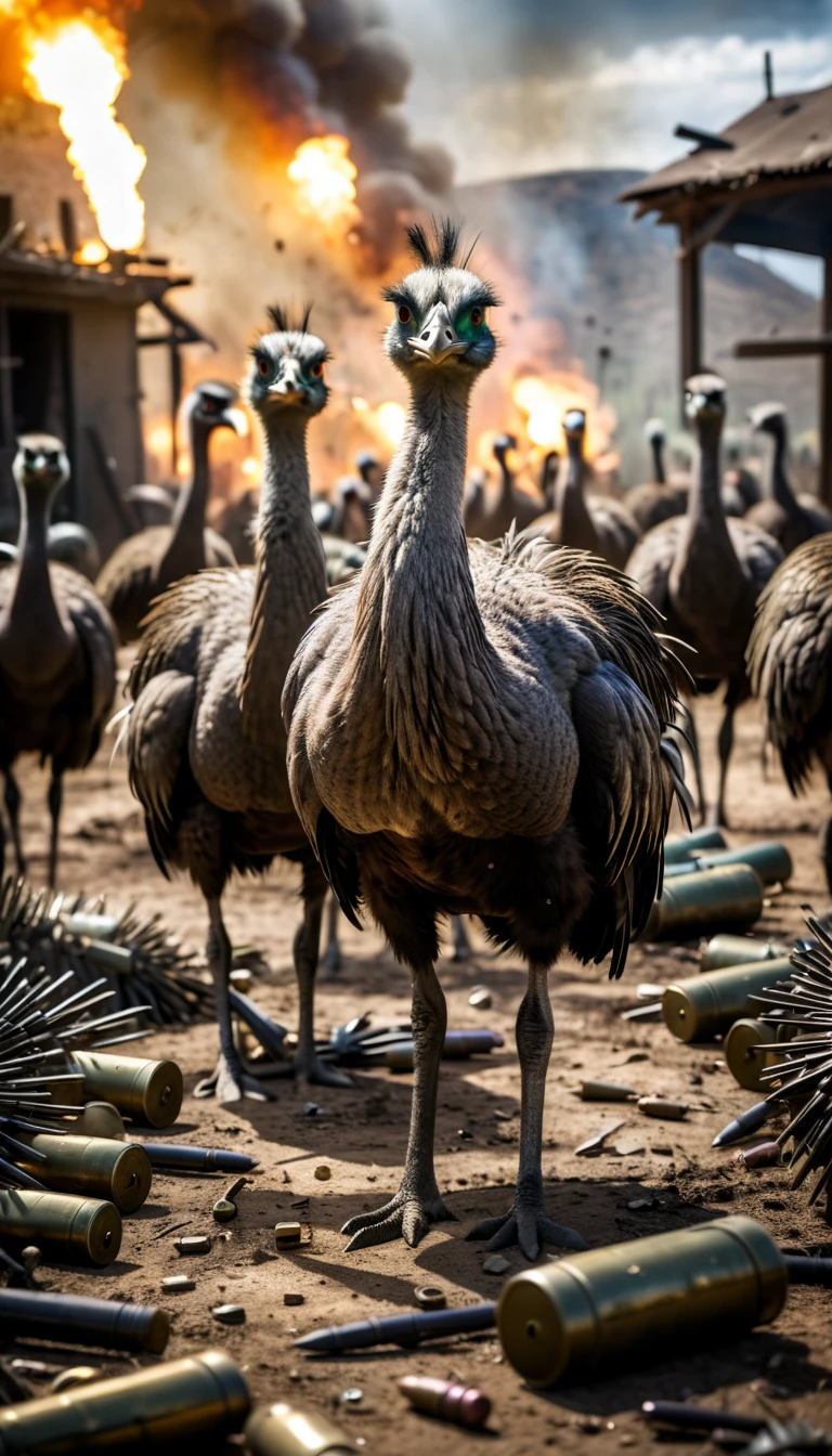 A surreal image of emus standing triumphantly over a battlefield littered with spent ammunition, background cinematic, hyper realistic, ultra detailed hyper realistic, photorealistic, Studio Lighting, reflections, dynamic pose, Cinematic, historical accuracy, Color Grading, Photography, Shot on 50mm lens, Ultra-Wide Angle, Depth of Field, hyper-detailed, beautifully color, 8k