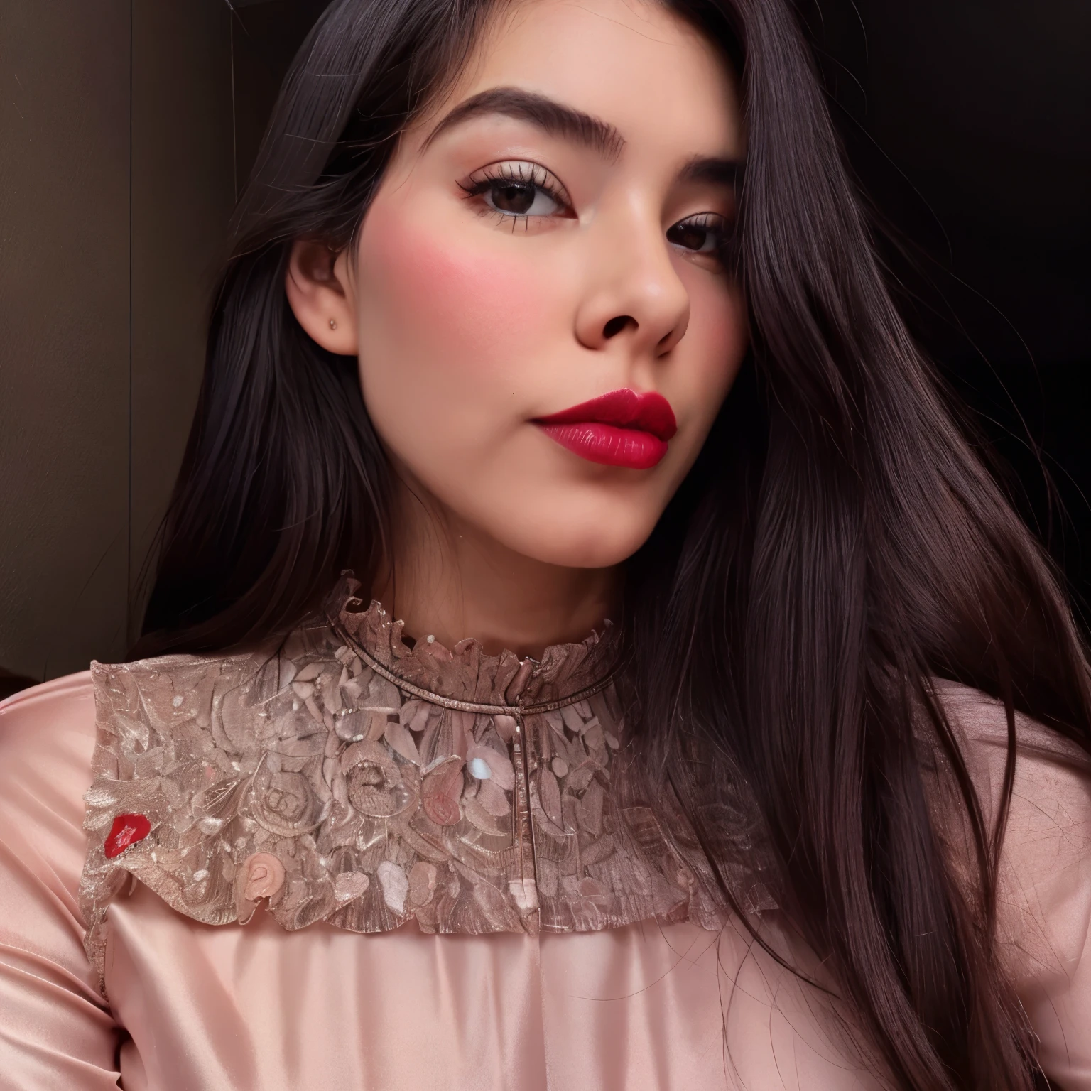 Ultrarealistic, high-detailed portrait of a Western woman for OnlyFans, Seductive gaze directly into the camera, Sensual pose, Red lipstick and matching outfit, Long, curly brunette hair, 25 years old, Provocative, Mature and alluring, High resolution, Masterpiece, Intricate details, Sharp focus, Smooth, realistic skin texture, Detailed eyes with heavy make-up, Professionally lit with soft shadows, 4k, Sultry expression, Shot on Nikon, 50mm lens, Low depth of field, Dramatic color grading, Sensuous and captivating, Photorealism,