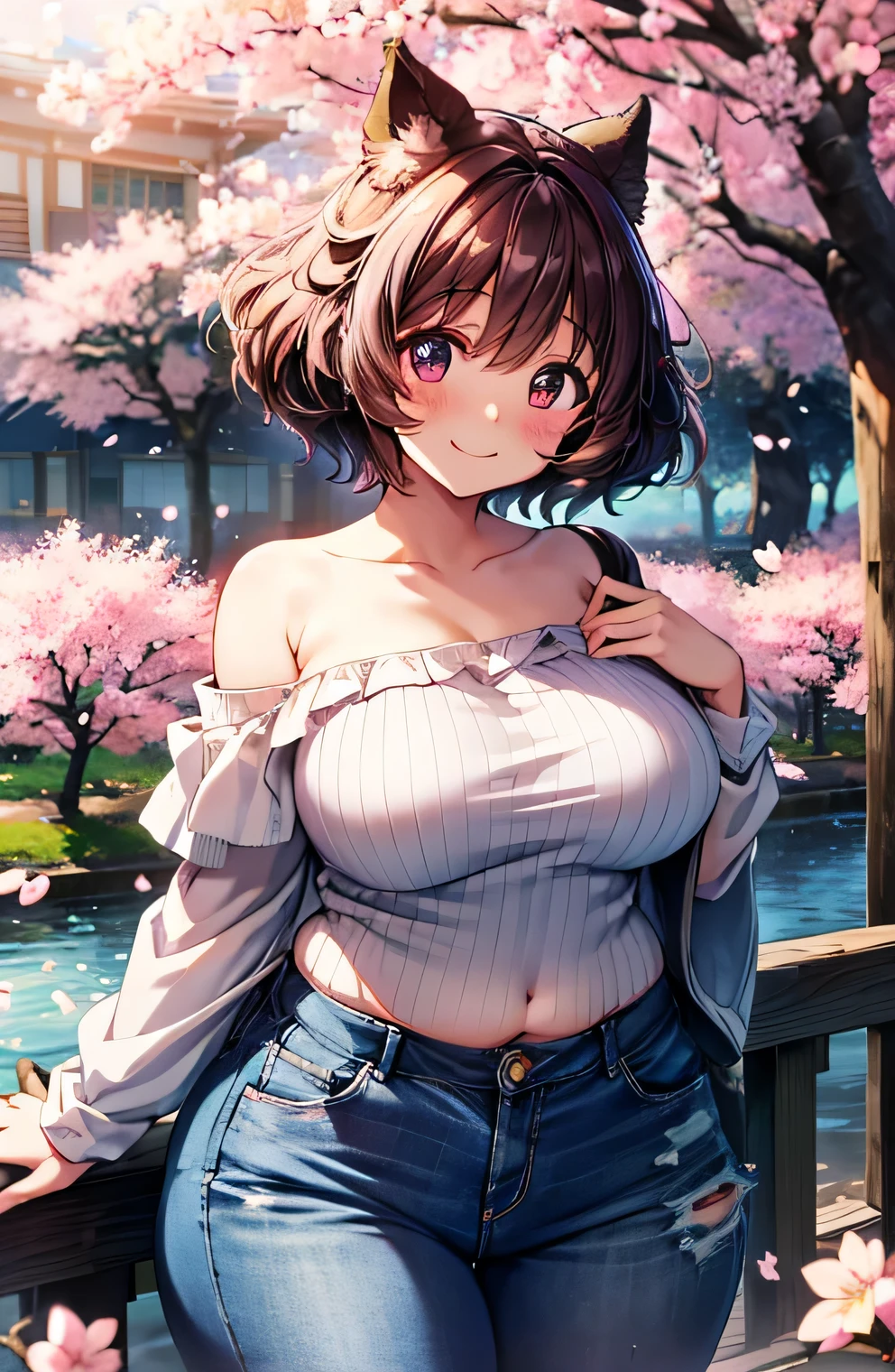 Anime illustration、highest quality、A short and plump high school girl、Off-the-shoulder shirt、hot pants、Cherry-blossom viewing、Cherry blossom trees along the bank、Perfect proportions、overwhelmingly big breasts、Beautiful, shining eyes、Cowboy Shot、Blushed、smile