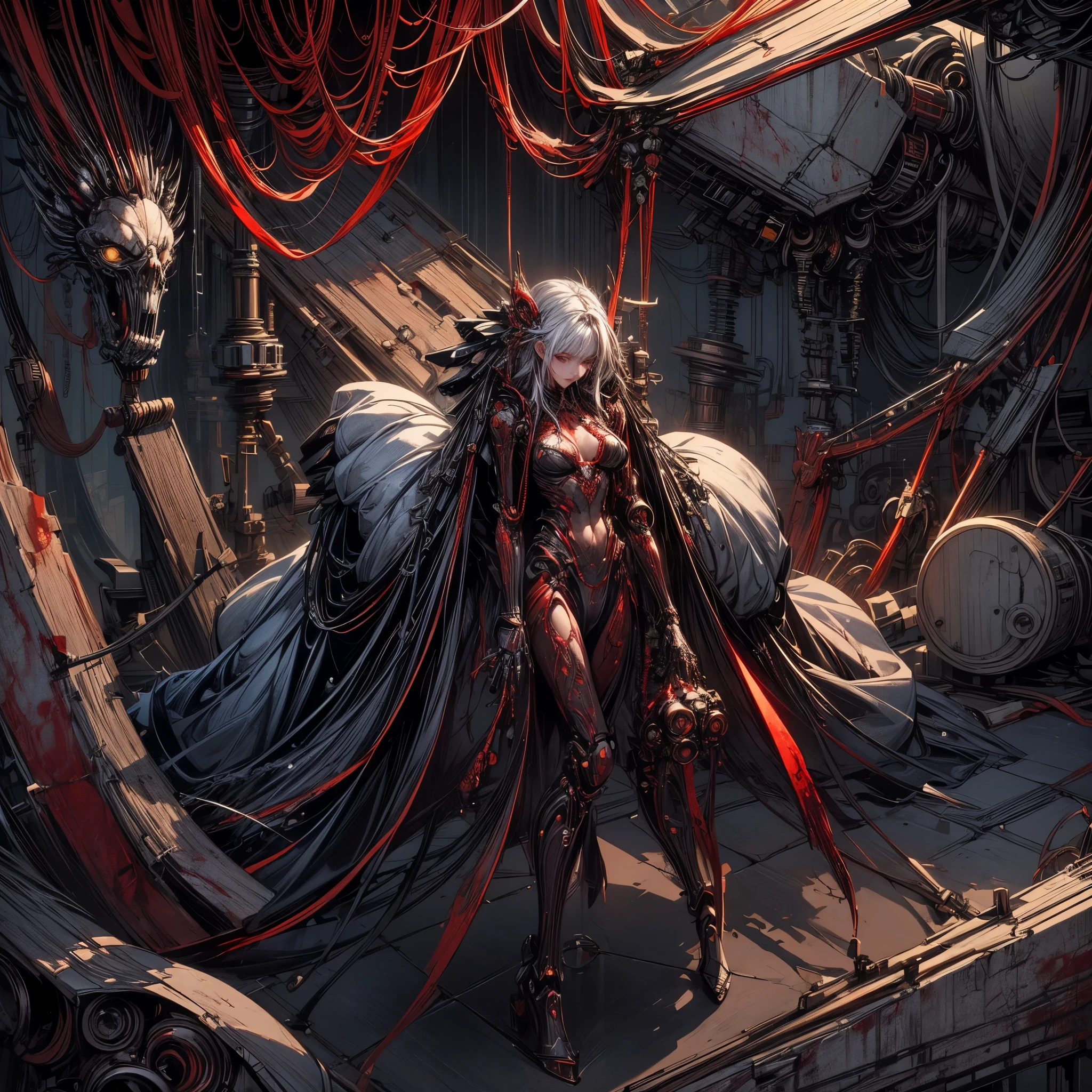 (((masterpiece))), ((highest quality)), (Super Detail), (CG illustration), (So evil and beautiful)), Cinematic Light, ((1. Mechanical Girl)), single, (Mechanical Arts: 1.4), ((Mechanical Limbs)), (Blood vessel attached to a tube), ((Mechanical spine attached to the back)), ((Mechanical cervical spine attached to the neck), (Back to viewers)), Expressionless, ( Wires and cables connected to the head and torso: 1.5), SF, Apocalypse, Remains, (Lower body integrated with mechanical device), (Blood: 1.5), Cruelty, Disorganized, eroticism, Integration with machines, The End Times, Super Future, inorganic, Research Room, Constraints, (Beautiful luxury: 1.2), (1 girl: 1.3), A body wrapped in mechanical tentacles