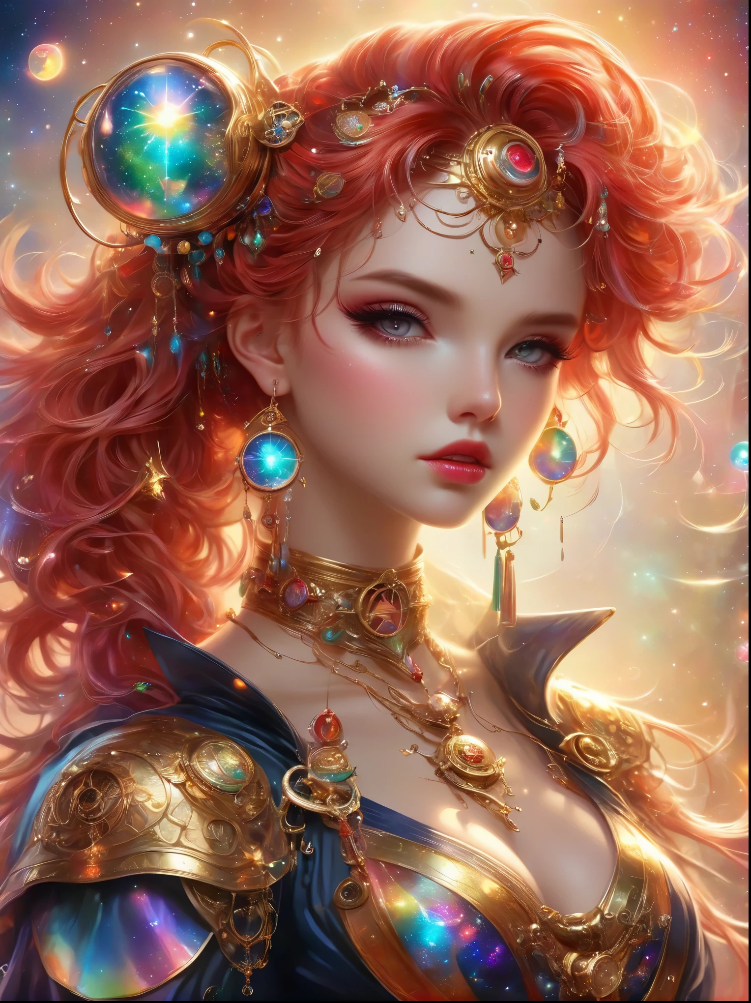 Best quality，very good，8k，absurd，Extremely detailed，Sailor Moon Fighting，Short red messy hair，kaleidoscope，(Cyberpunk:0.7)，Steampunk，Dieselpunk and clockpunk，kaleidoscope采用热粉色，Made of shiny gold plated and shiny silver plated，Broken sparkling colored gemstones，Mixed Art，Mixed Art，Fractal Art，Zentangle Art，Design Art，Wonderful and mysterious，Fantasy World Pictures，A diverse visual style that incorporates a variety of artistic elements，Includes glittery rainbow pastels and bright colors
