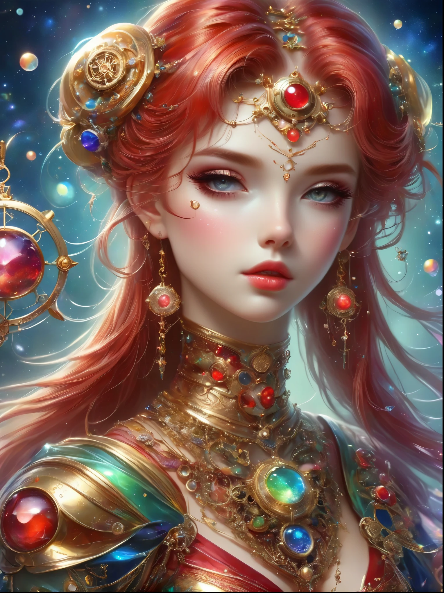 Best quality,very good,8k,absurd,Extremely detailed,Sailor Moon Fighting,Short red messy hair,kaleidoscope,(Cyberpunk:0.7),Steampunk,Dieselpunk and clockpunk,kaleidoscope采用热粉色,Made of shiny gold plated and shiny silver plated,Broken sparkling colored gemstones,Mixed Art,Mixed Art,Fractal Art,Zentangle Art,Design Art,Wonderful and mysterious,Fantasy World Pictures,A diverse visual style that incorporates a variety of artistic elements,Includes glittery rainbow pastels and bright colors