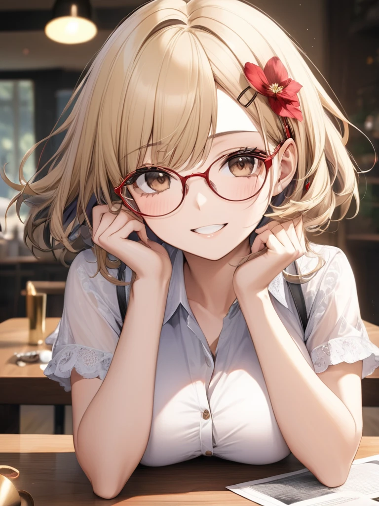 (masterpiece), (best quality),(ultra detailed),(extremely detailed),(absolutely resolution) ,absurdres,8k, cute and beautiful face, highly detailed face and eyes, 1girl, wearing red-glasses, grin, hands up,elbows on table, (messy hair, blond hair, bobcut, hairpin, dark-brown-eyes:1.5), big breasts, tanktop, opened blouse,(Intricate Iris Details,Depth and Dimension in the Pupils:1.0), 