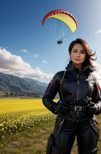 A gorgeous 28 years old, good looking Lady in flight attire with black boots and gloves, a black open leather jacket, is flying with a Paraglider in rainbow colors over a nice valley with meadows, colourful flowers, some blooming trees with blooming cherry blossoms and smiling. Detailed facial features, realistic face and hair strands, high-quality rendering, photorealism, detailed attire, authentic lighting, detailed writing with letters and national insignia on aircraft, detailed true and realistic aircraft, dynamic pose, atmospheric lighting.