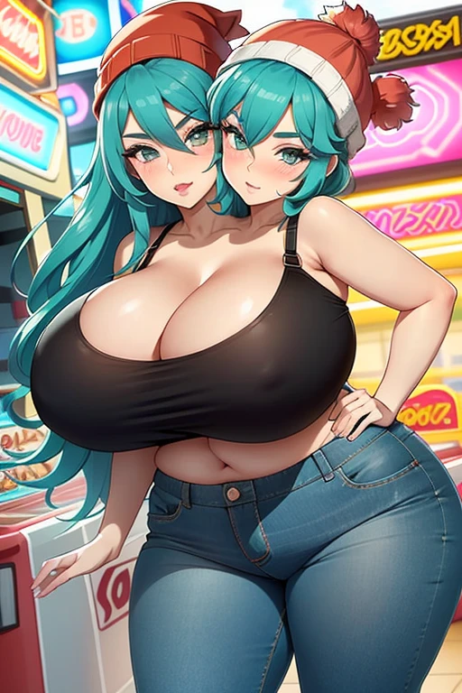 2 heads, a a short chubby woman with 2 heads. Massive breasts. In an arcade. Wearing bra, and jeans. Wearing a beanie hat. Neon hair. Young. Sexy, seductive. Cute short body. Enormous . Close-up, kiss. Big lips. Adorable. Girlfriend. Flirty, flirty expression, flirting pose. Blushing, in love.