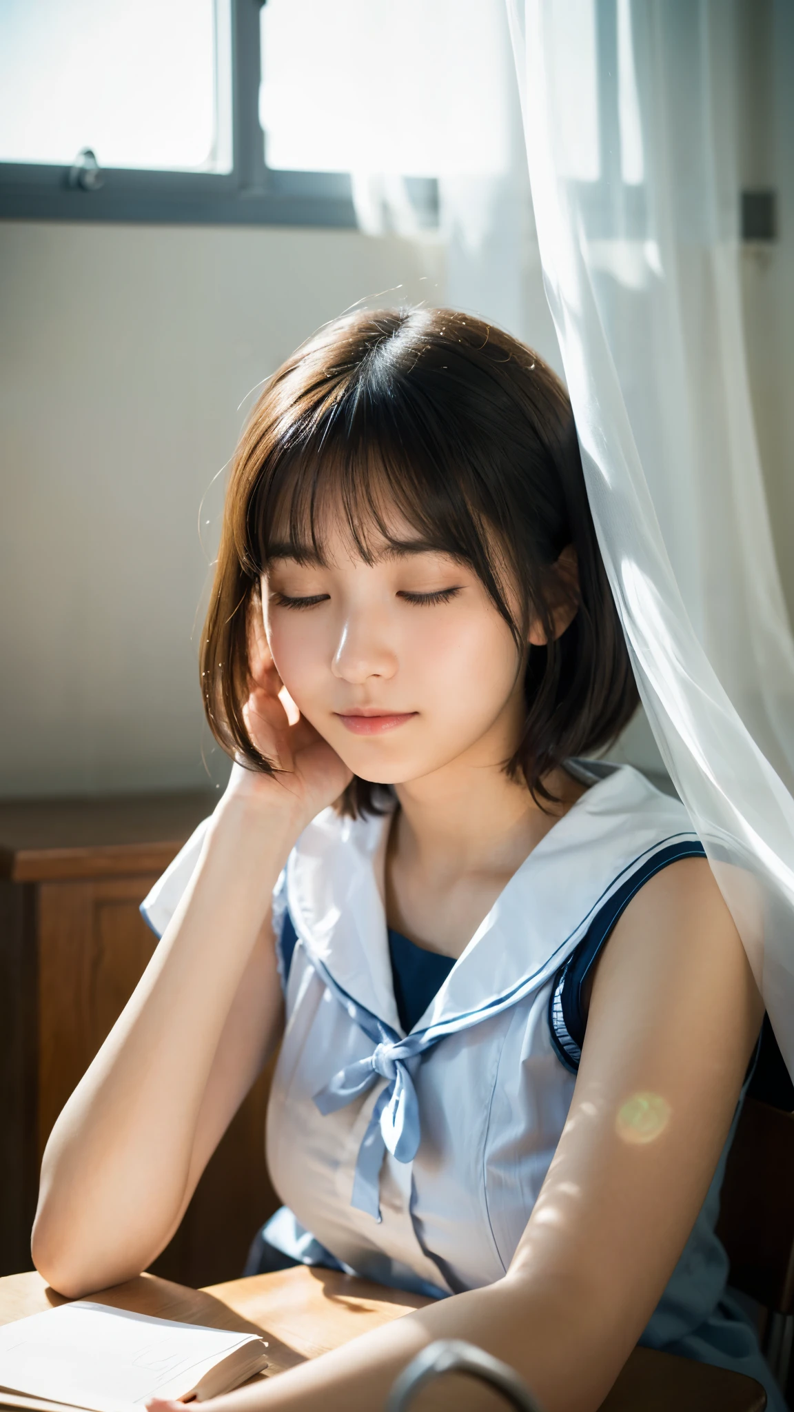 (highest quality,masterpiece:1.3,Ultra-high resolution),(Super detailed,Caustics,8k),(Photorealistic:1.4,RAW shooting),(School classroom),(Girl sleeping with her head on the desk:1.2),Sit on a chair,18-year-old,Japanese,Short black hair,(cute sleeping face),(Eyes closed:1.1),Sailor suit,(The light coming in from the window illuminates the girl:1.1),(Curtains fluttering in the wind),(Bust up shot),(Face Focus:1.1),(Face close up:1.1),Natural light
