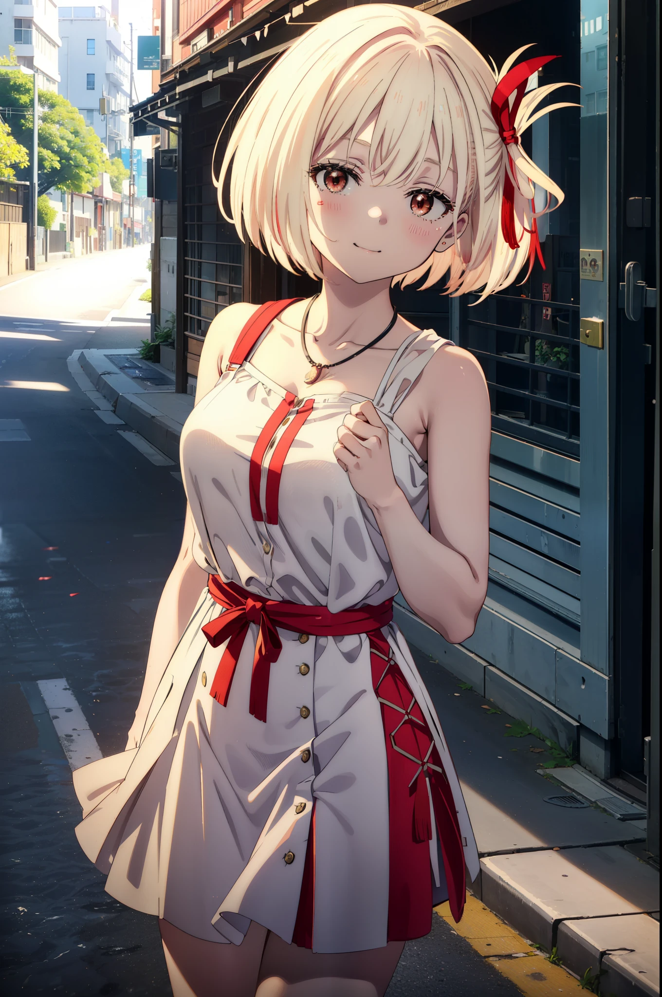 chisatonishikigi, Chisato Nishikigi, Short Hair, bangs, blonde,Bobcut, White hat(Red eyes:1.5), Hair Ribbon,One side up,happy smile, smile, Open your mouth,smile,blush,Red sleeveless dress,White long skirt,Bare arms,Bare neck,Rocket Pendant,Cute Sandals,real summer,sunny,It's as if your whole body is in the illustration., break outdoors, coastal,City Street, break looking at viewer, (Cowboy Shot:1.5), break (masterpiece:1.2), highest quality, High resolution, unity 8k wallpaper, (shape:0.8), (Beautiful details:1.6), Highly detailed face, Perfect lighting, Highly detailed CG, (Perfect hands, Perfect Anatomy),